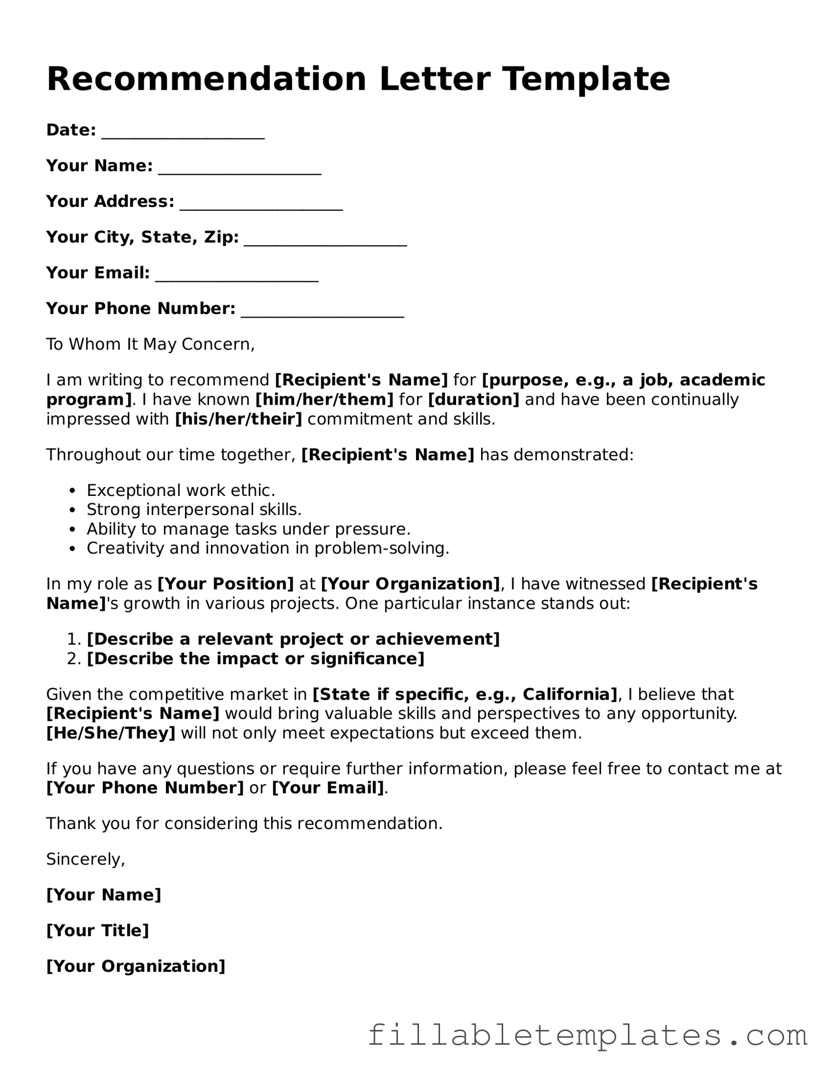 Printable Recommendation Letter Form