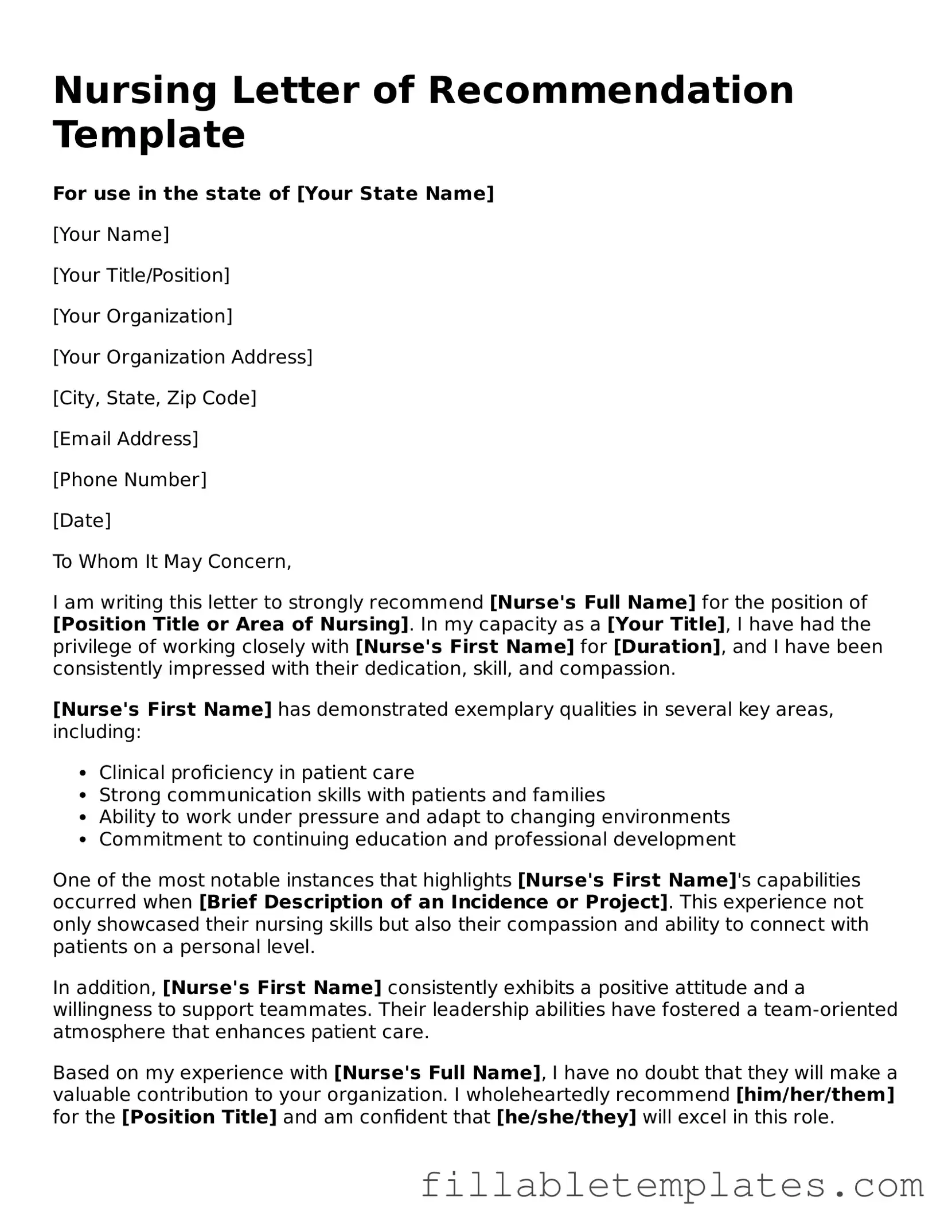 Printable Nursing Letter of Recommendation Form
