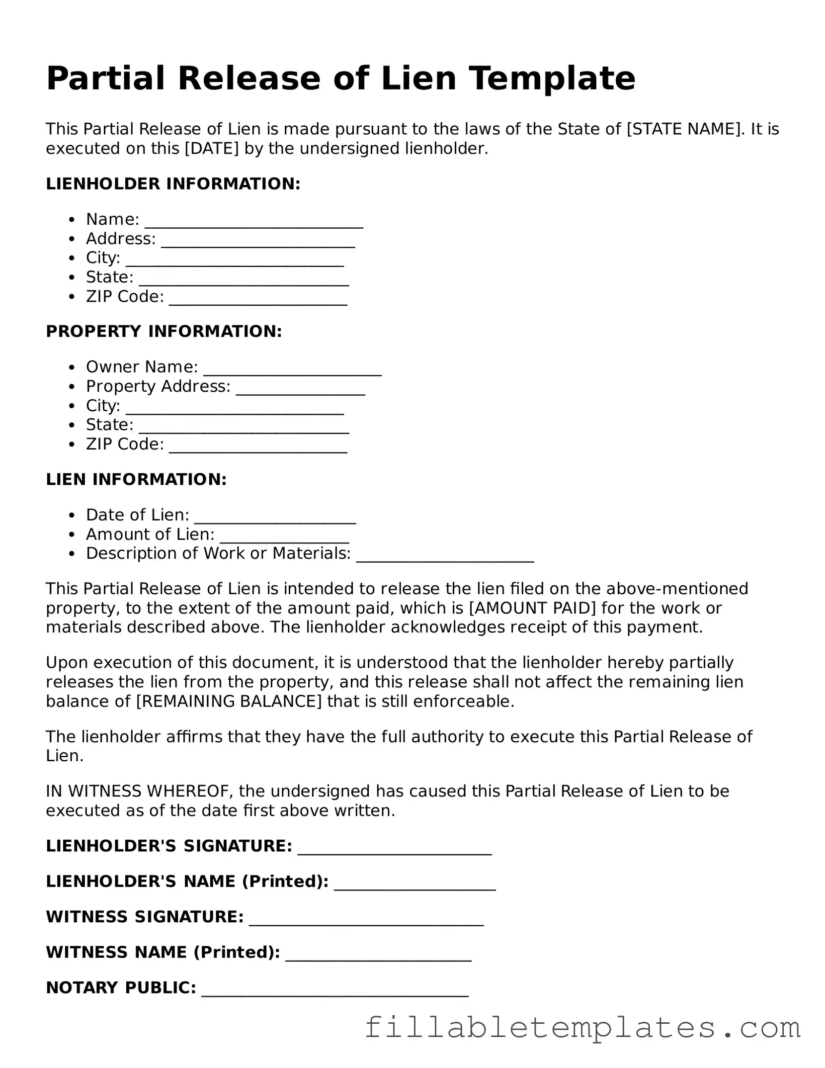 Printable Partial Release of Lien Form