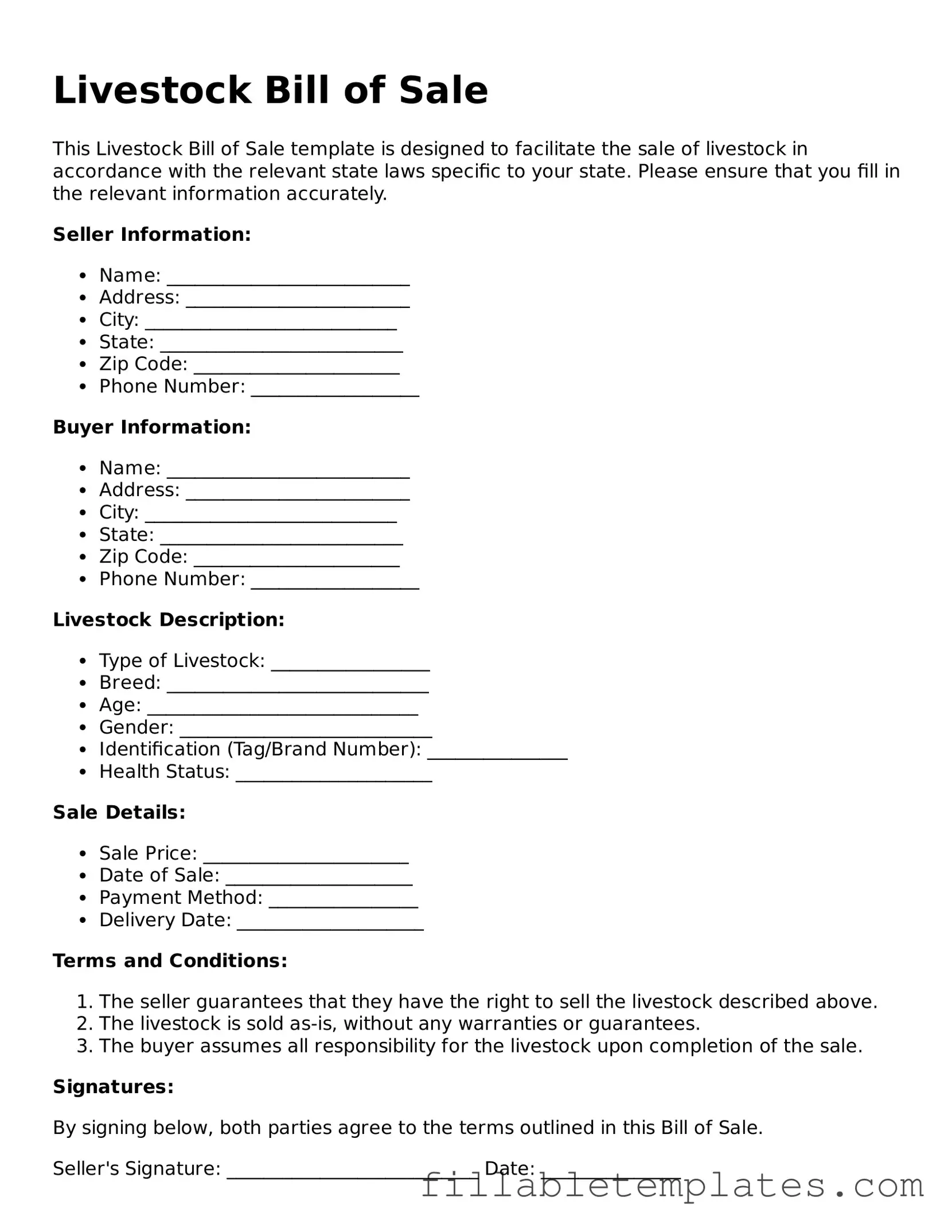 Printable Livestock Bill of Sale Form