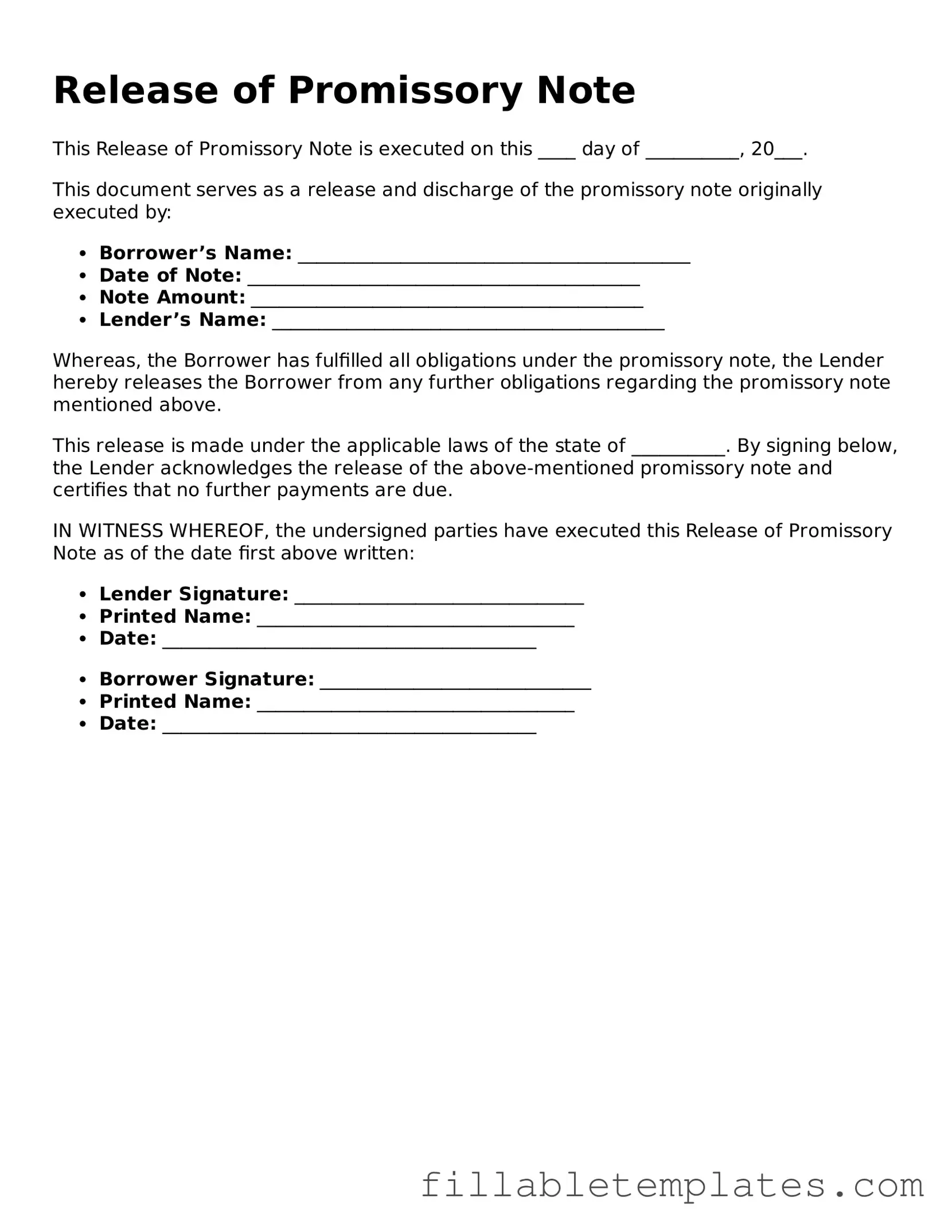 Printable Release of Promissory Note Form