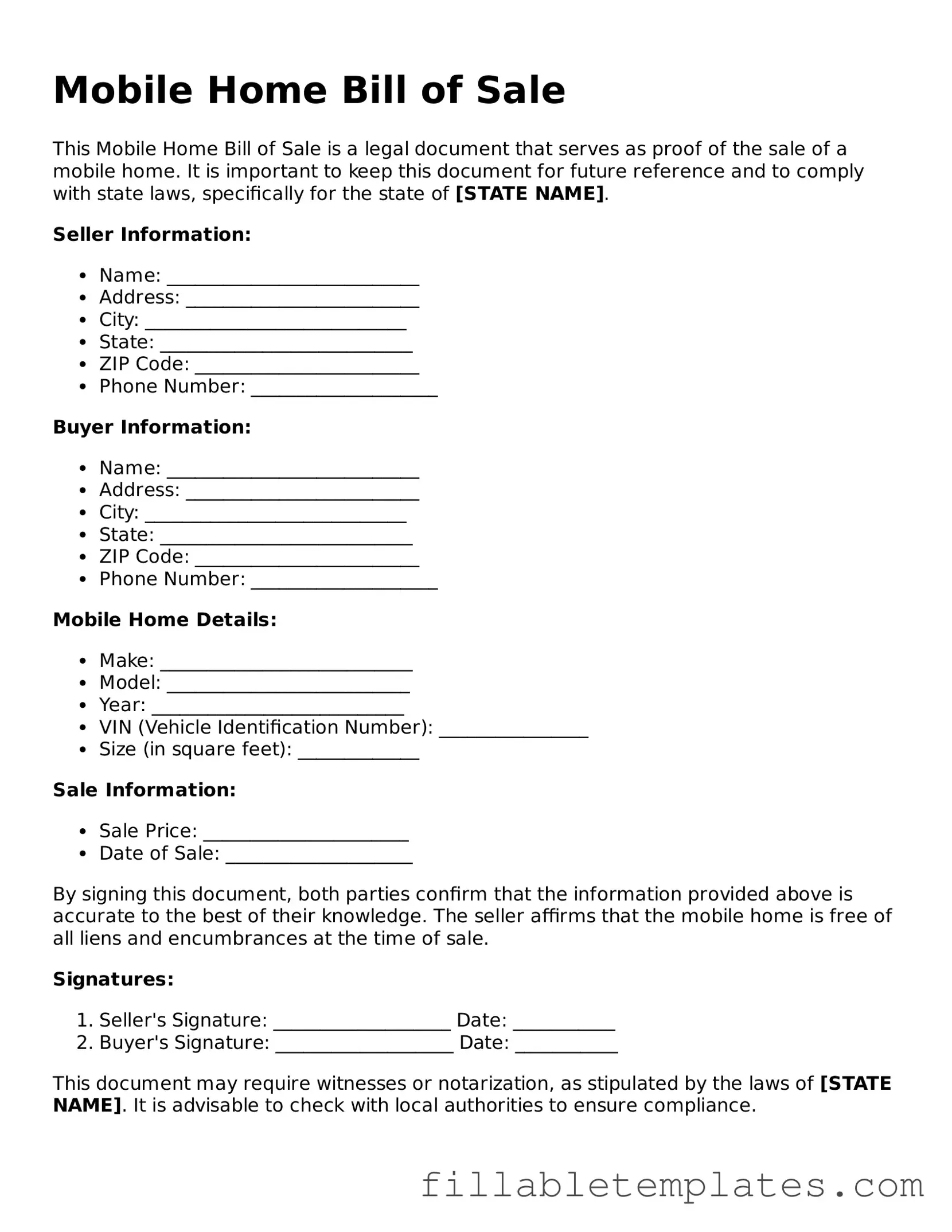 Printable Mobile Home Bill of Sale Form