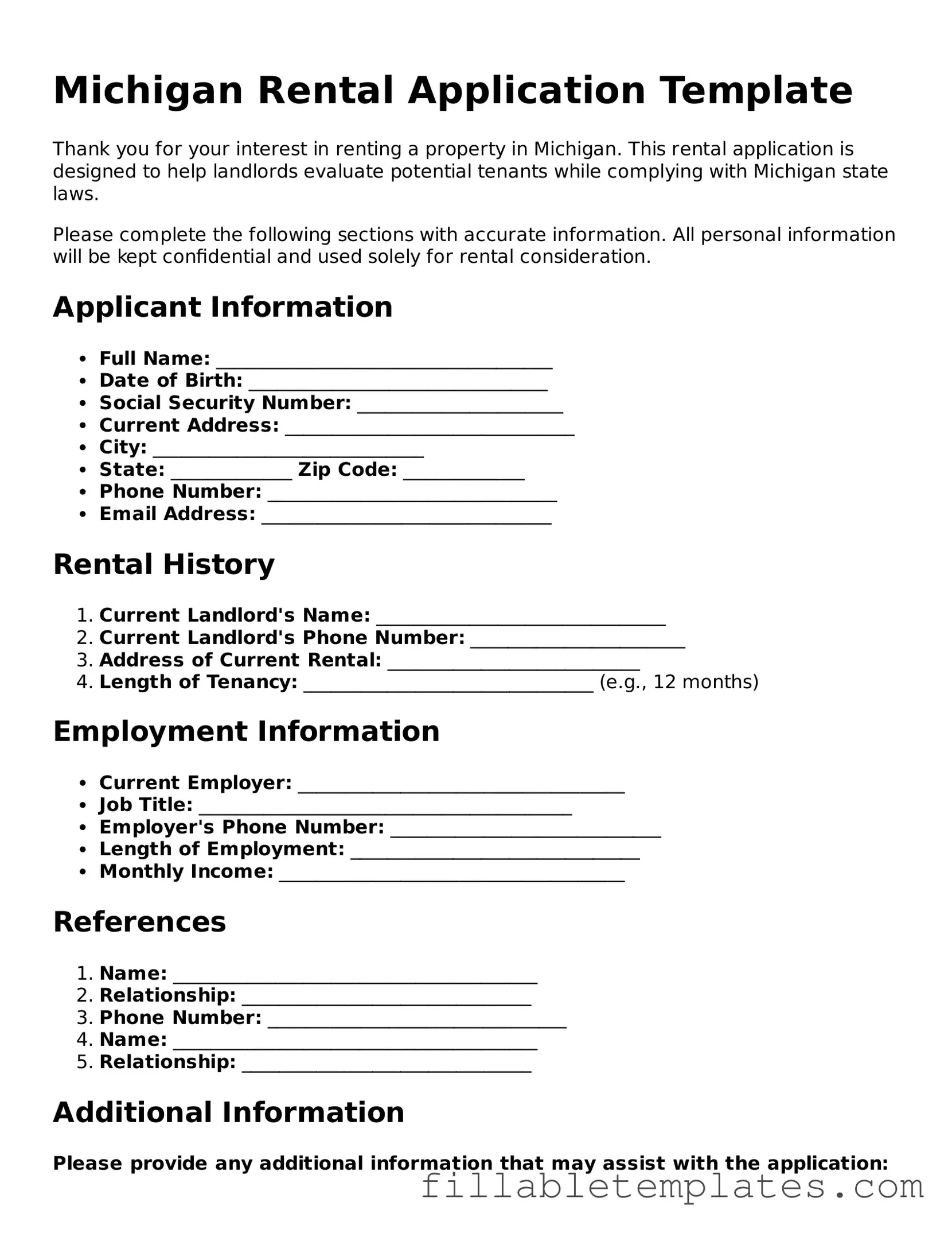Printable Rental Application Form for the State of Michigan