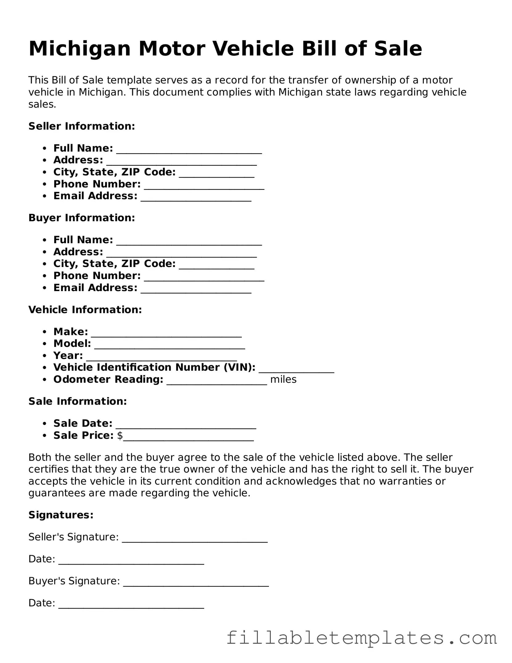 Printable Motor Vehicle Bill of Sale Form for the State of Michigan