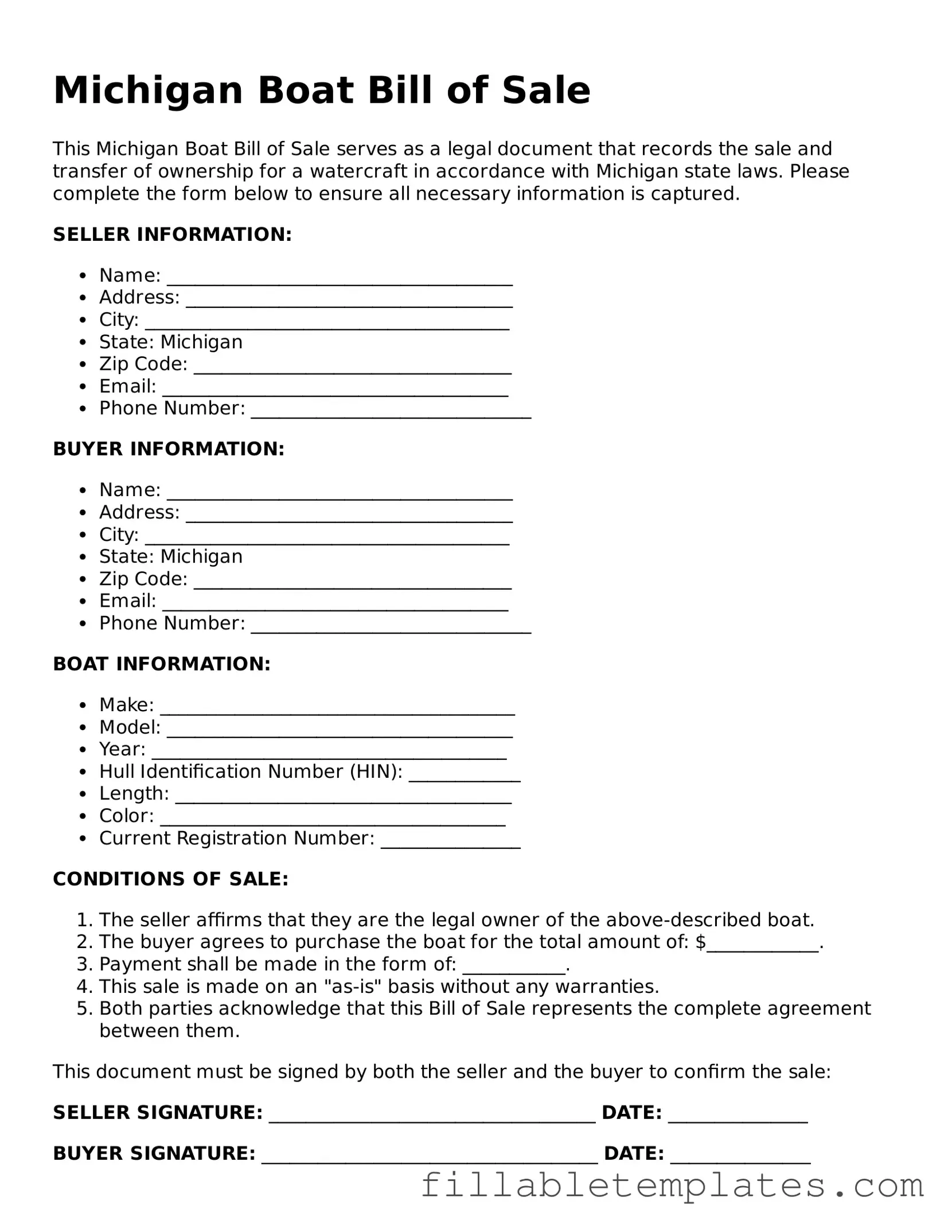 Printable Boat Bill of Sale Form for the State of Michigan