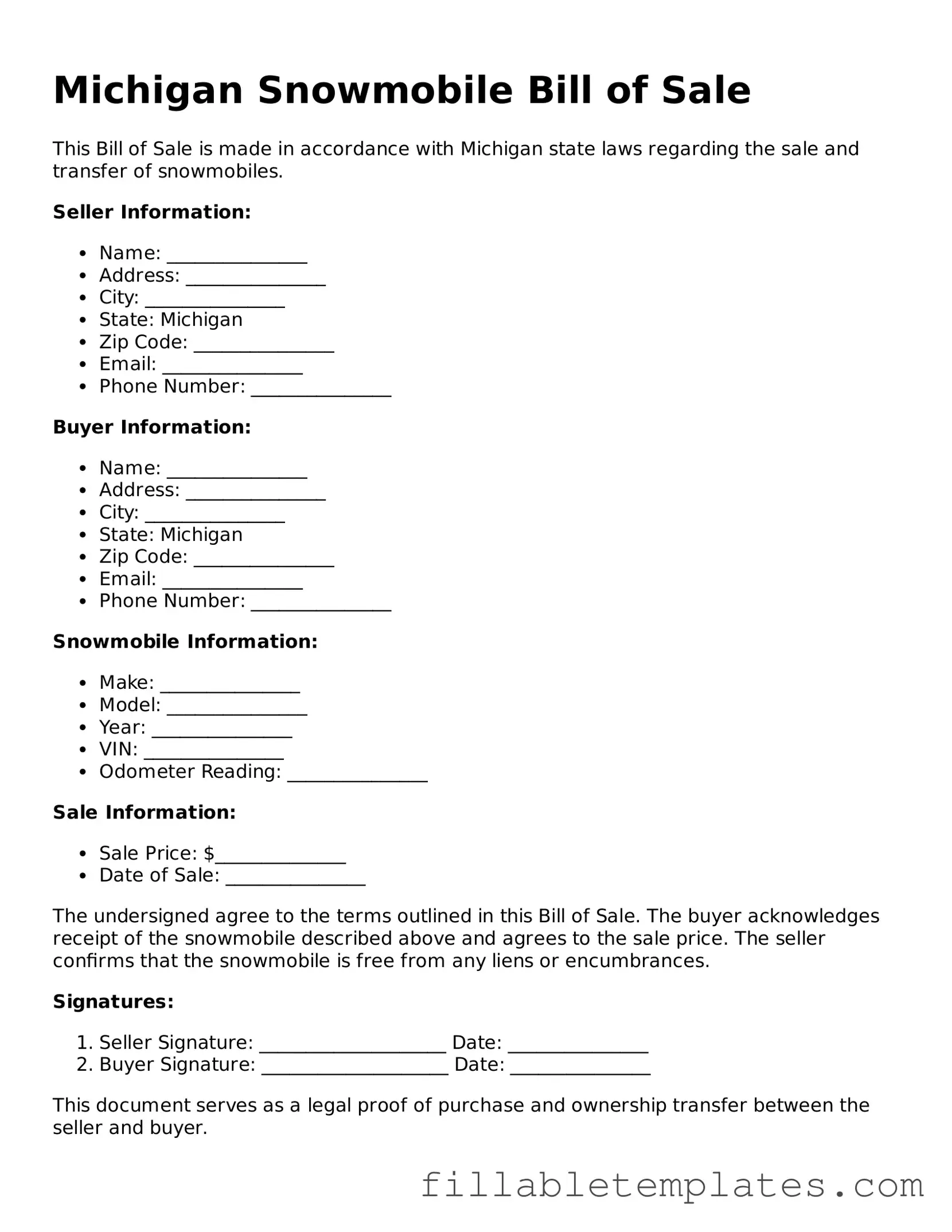 Printable Snowmobile Bill of Sale Form for the State of Michigan