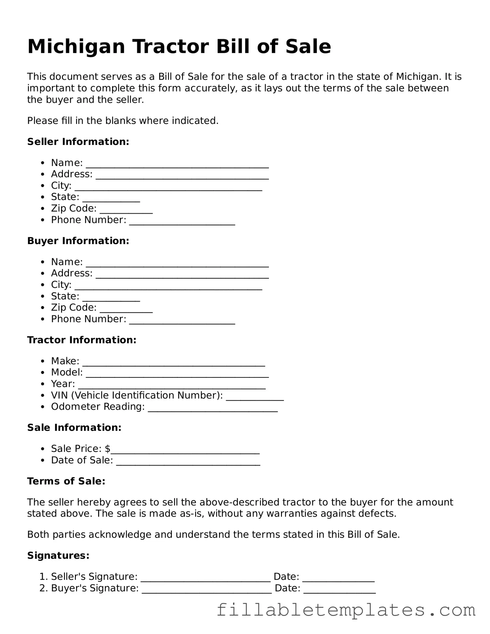 Printable Tractor Bill of Sale Form for the State of Michigan