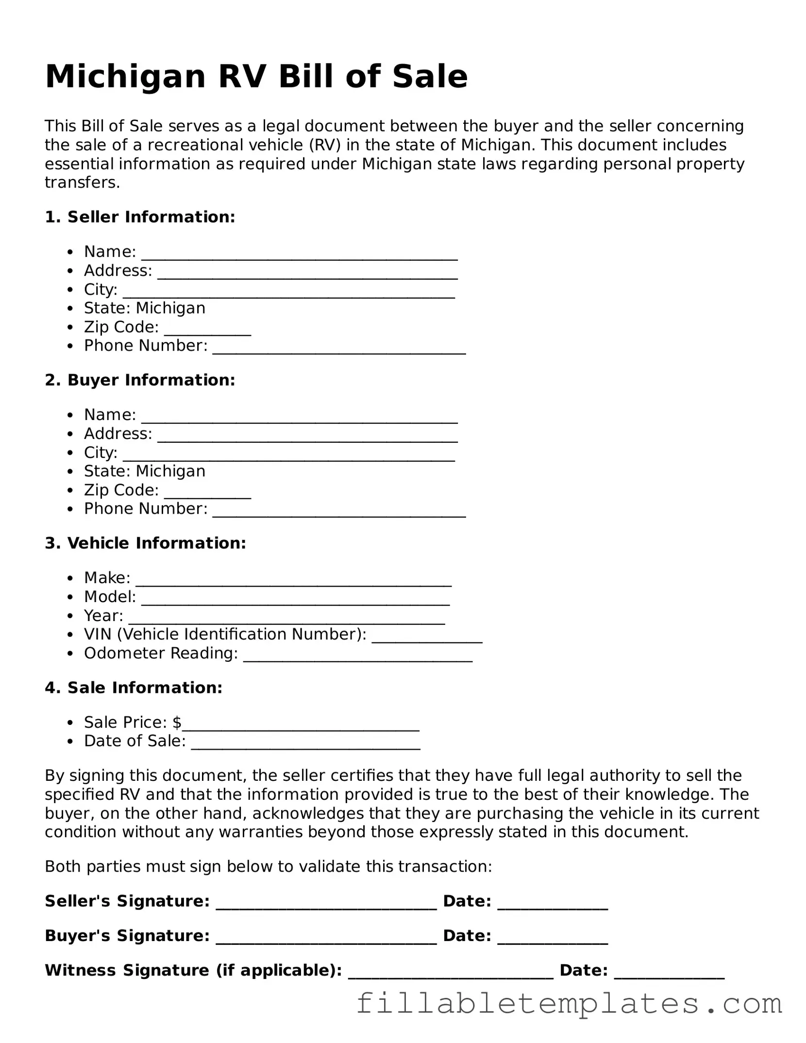 Printable RV Bill of Sale Form for the State of Michigan
