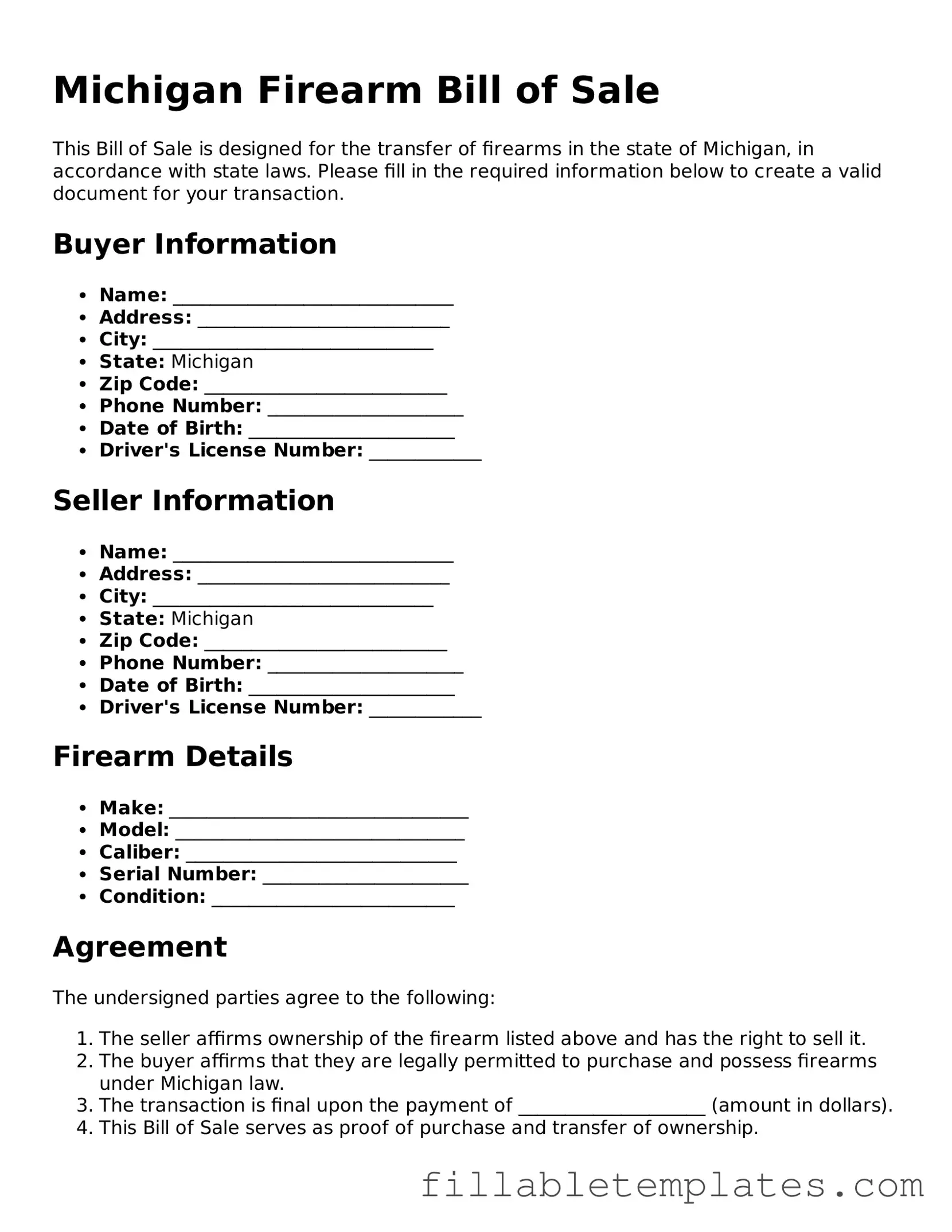 Printable Firearm Bill of Sale Form for the State of Michigan