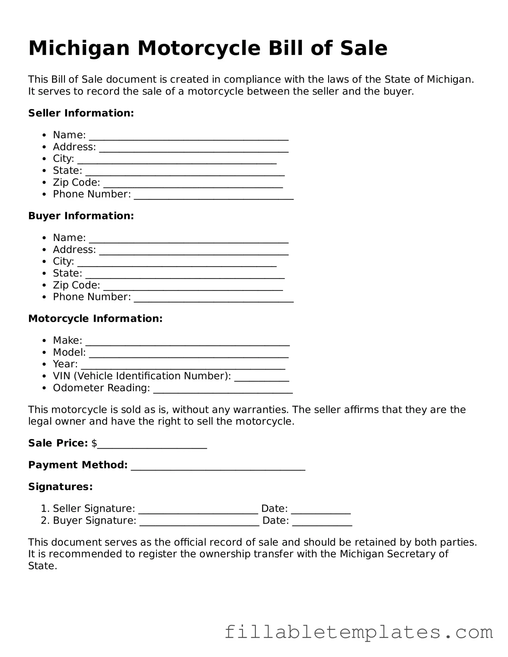 Printable Motorcycle Bill of Sale Form for the State of Michigan
