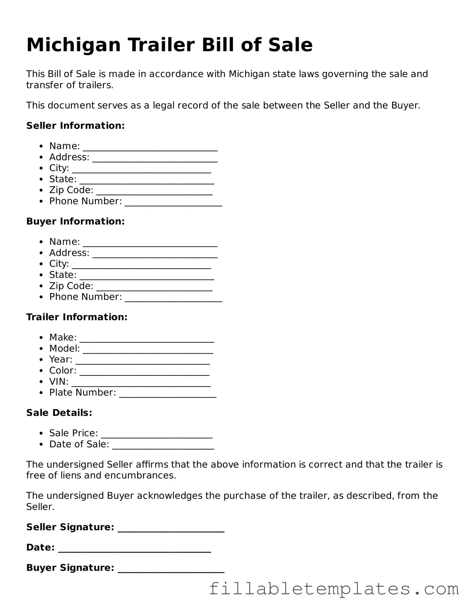 Printable Trailer Bill of Sale Form for the State of Michigan