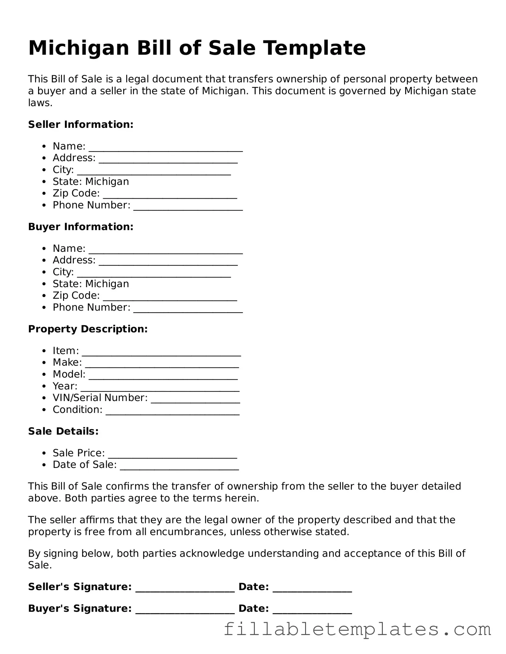 Printable Bill of Sale Form for the State of Michigan