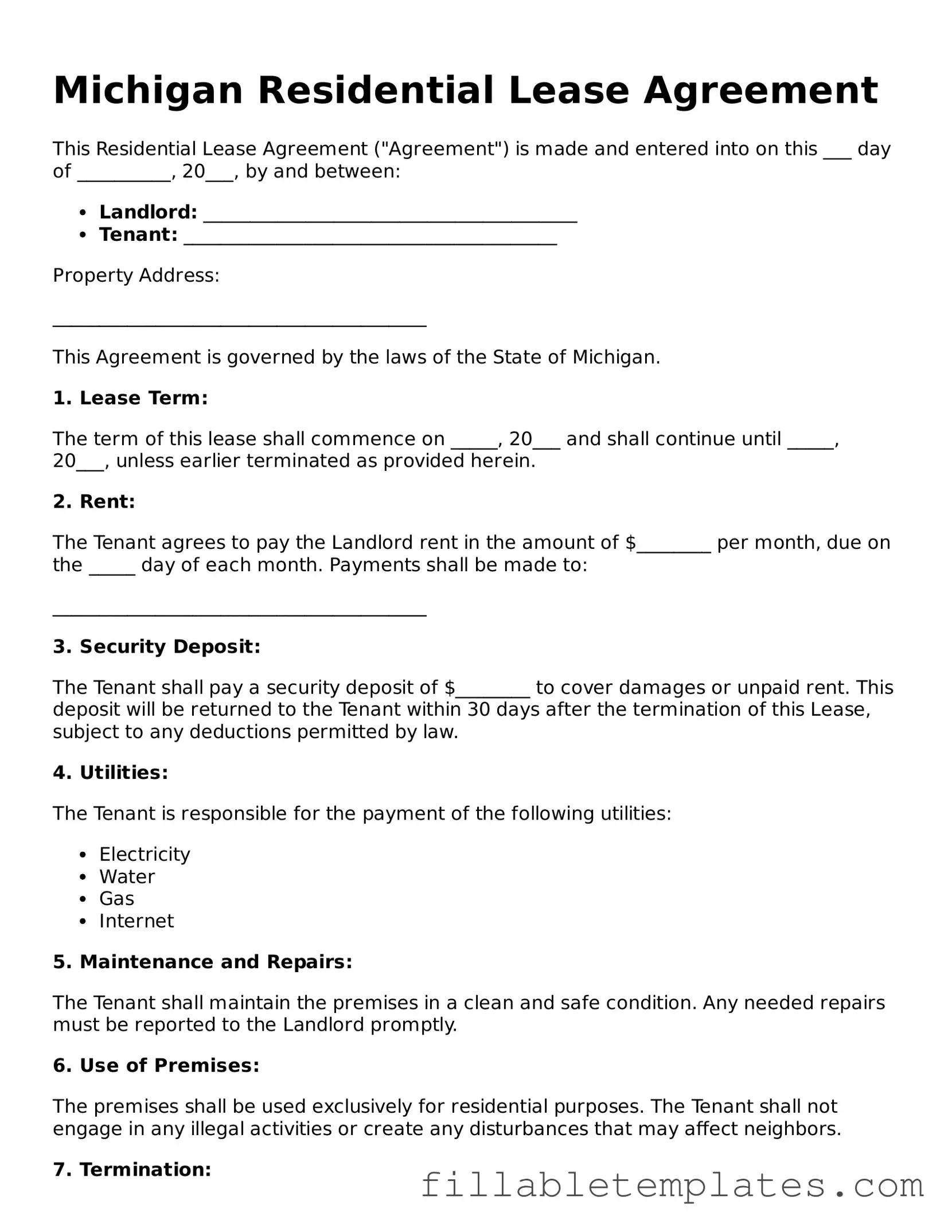 Printable Residential Lease Agreement Form for the State of Michigan