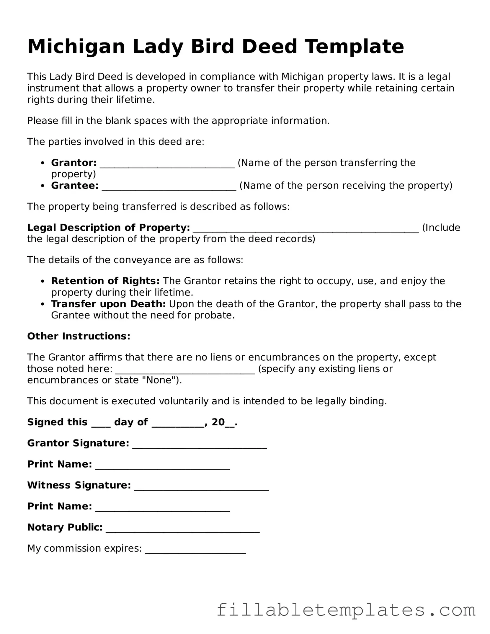 Printable Lady Bird Deed Form for the State of Michigan