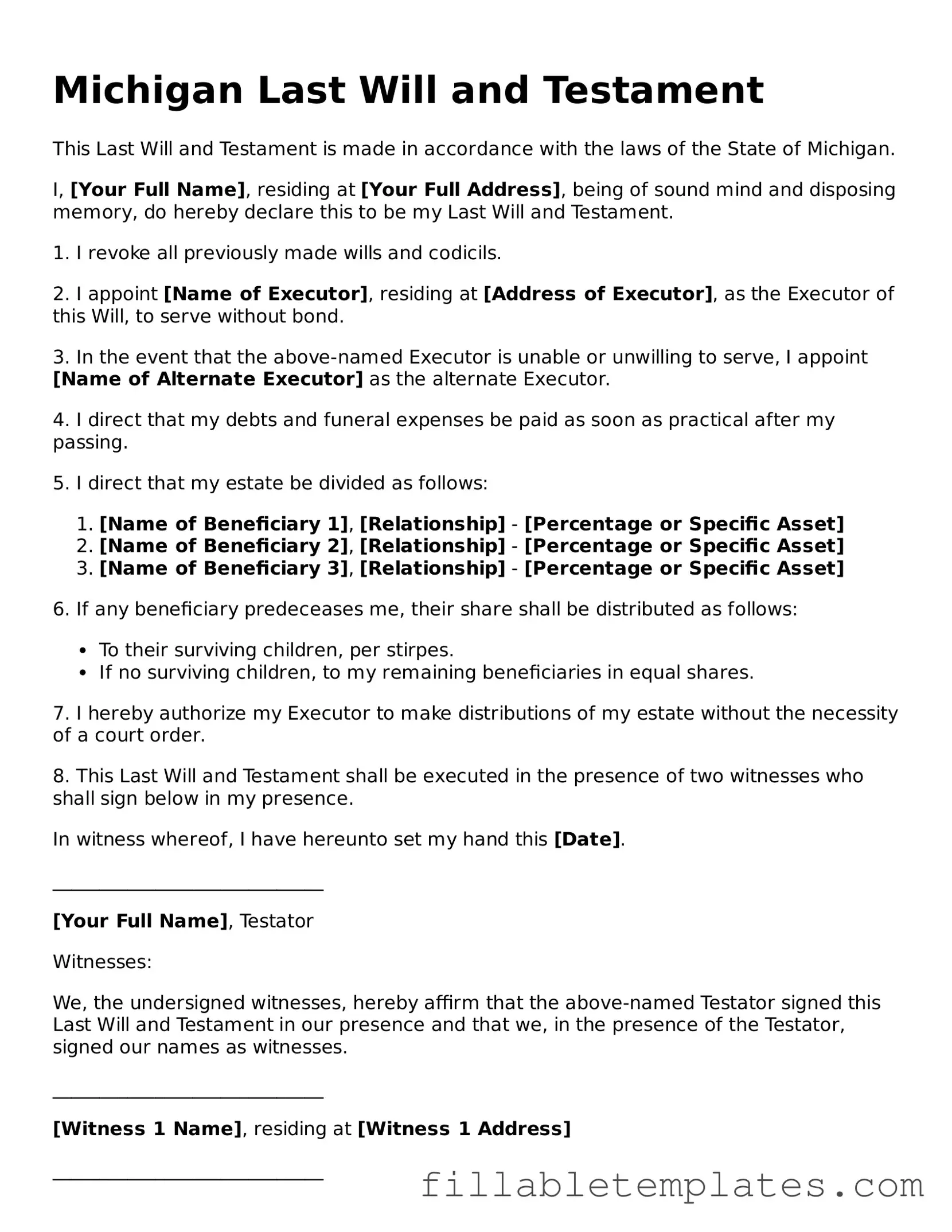 Printable Last Will and Testament Form for the State of Michigan