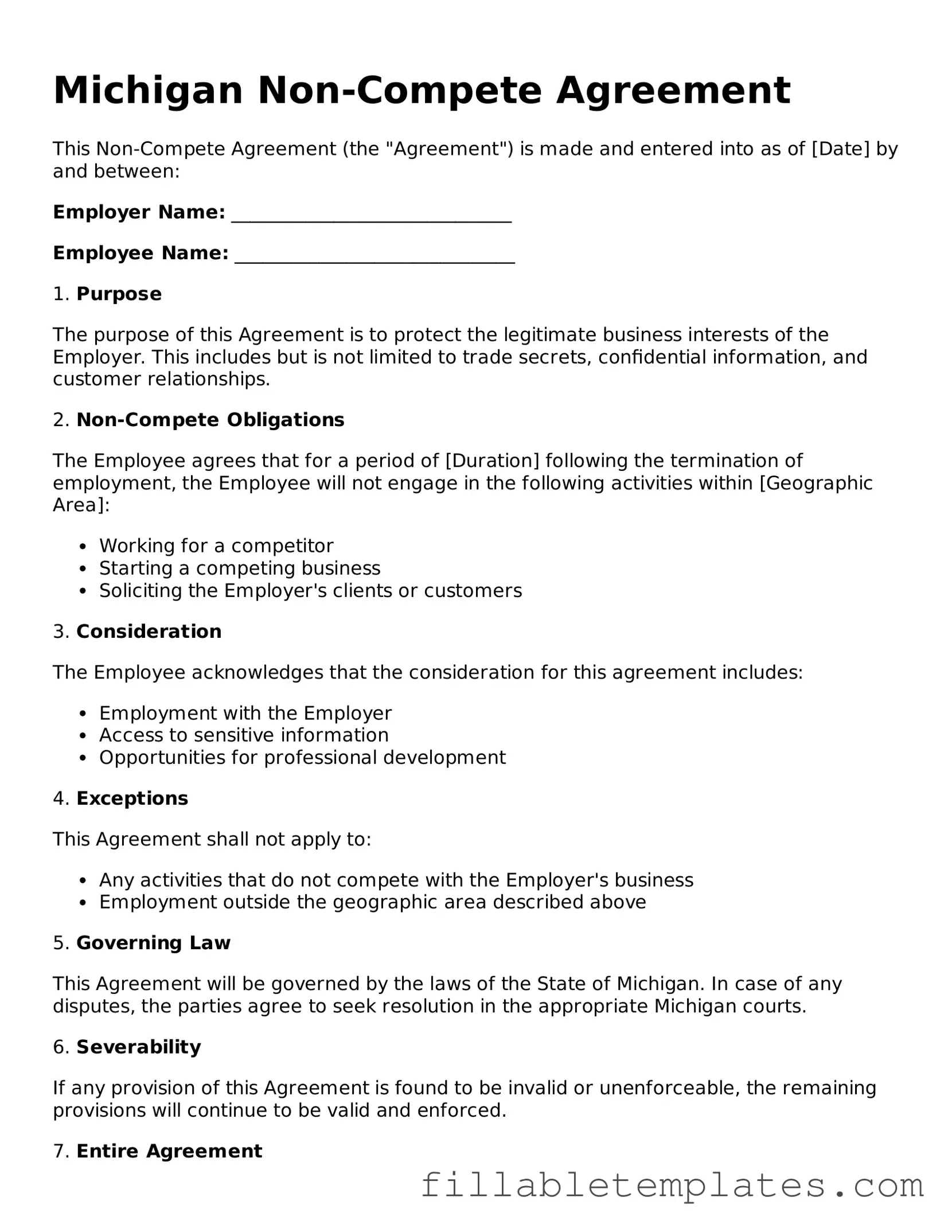 Printable Non-compete Agreement Form for the State of Michigan