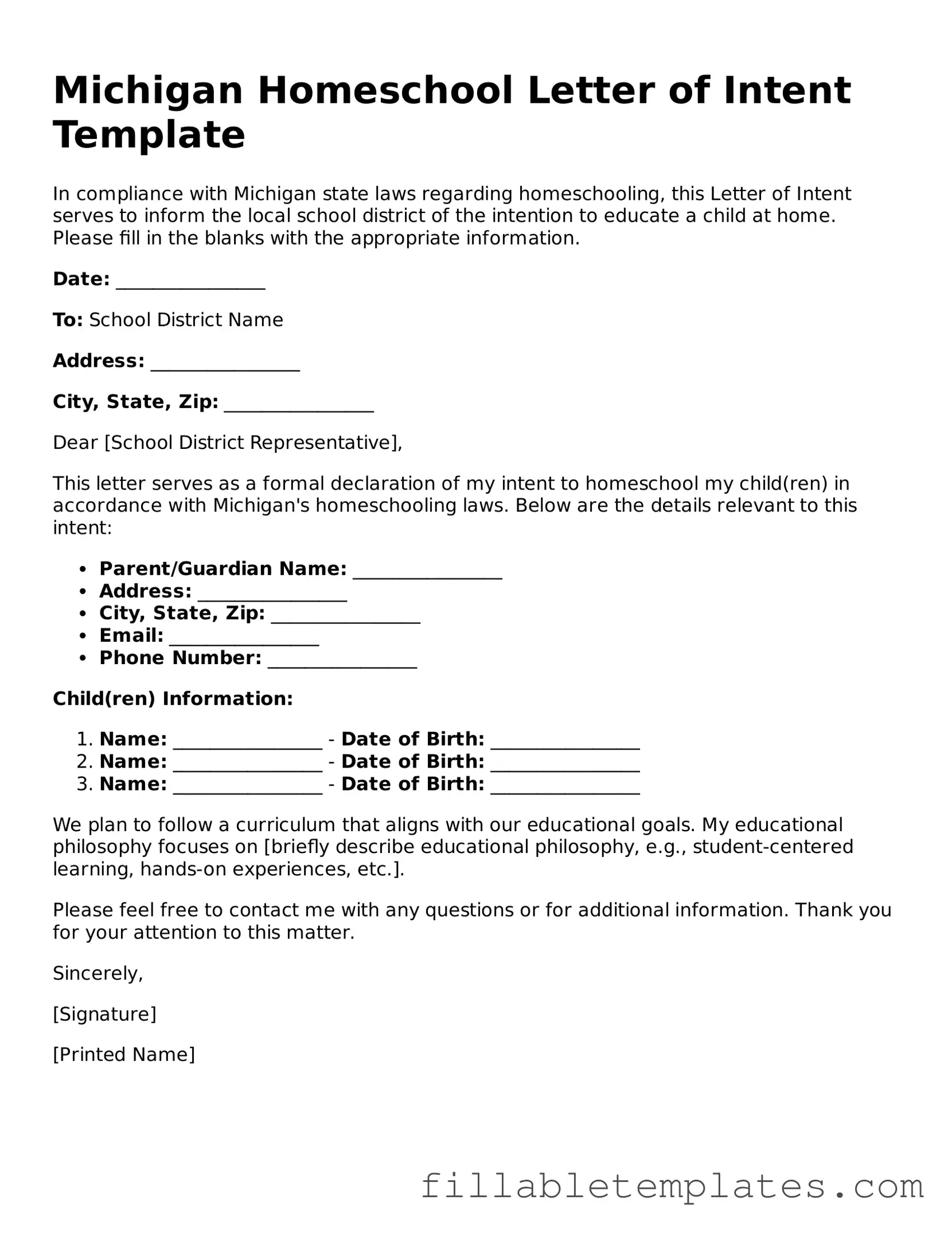 Printable Homeschool Letter of Intent Form for the State of Michigan