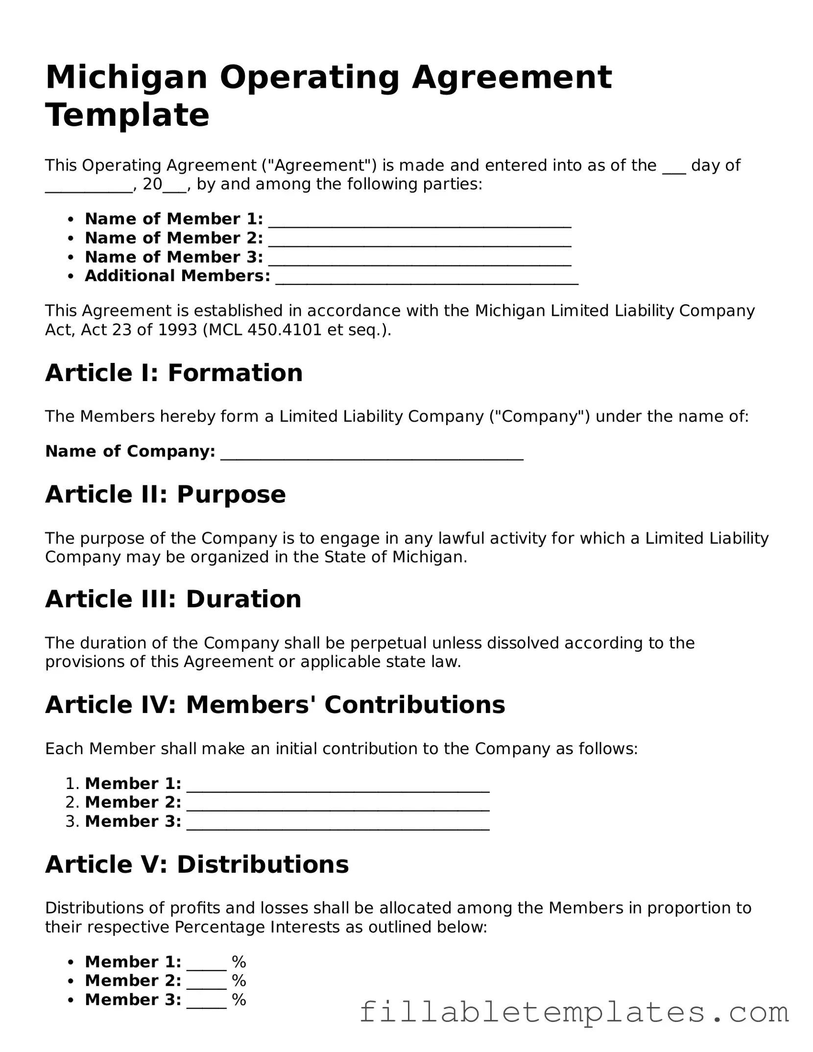 Printable Operating Agreement Form for the State of Michigan