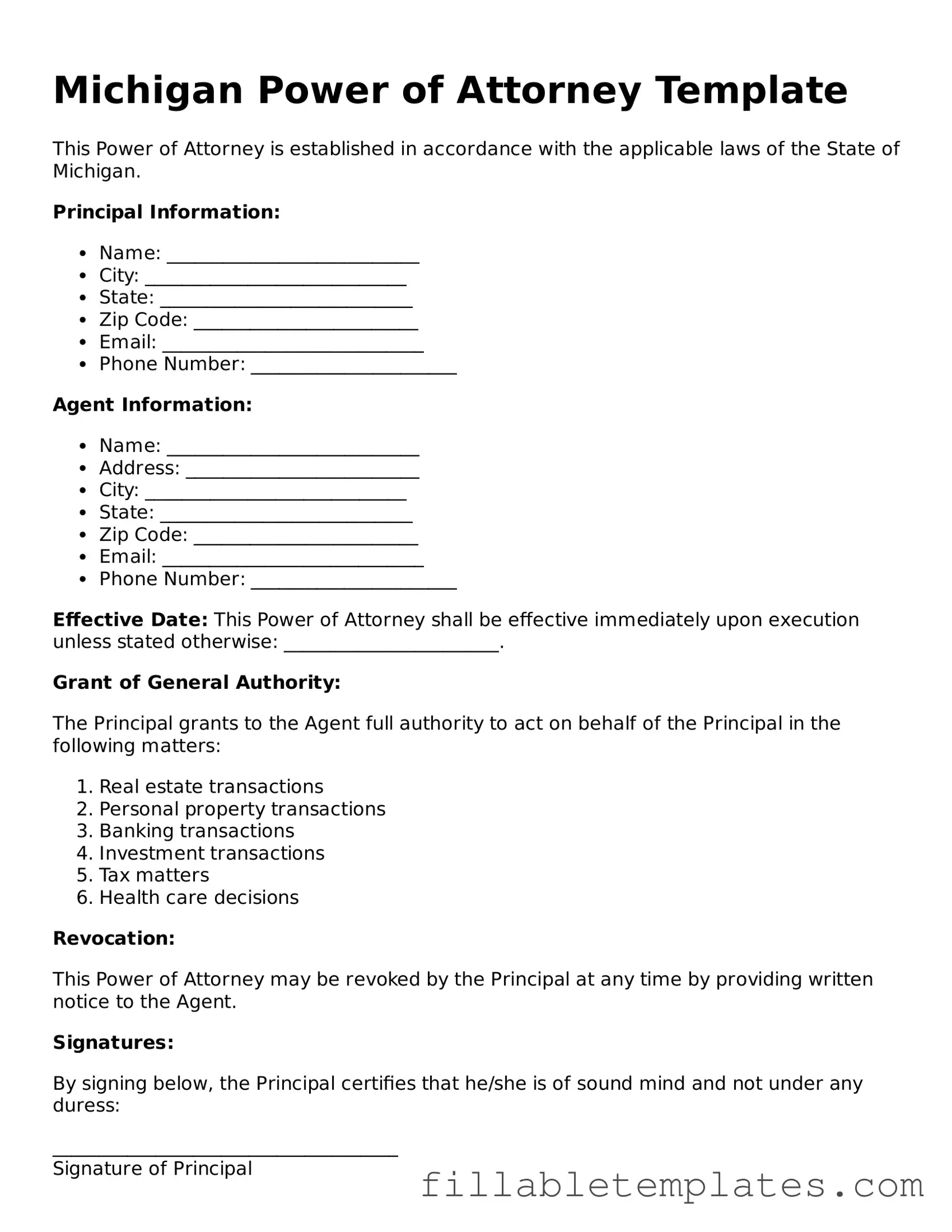 Printable Power of Attorney Form for the State of Michigan