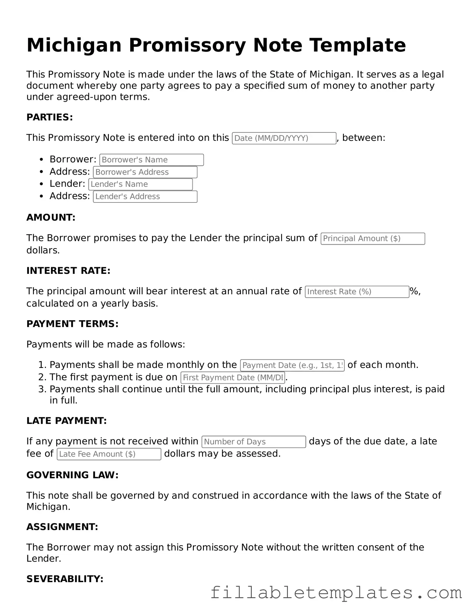 Printable Promissory Note Form for the State of Michigan