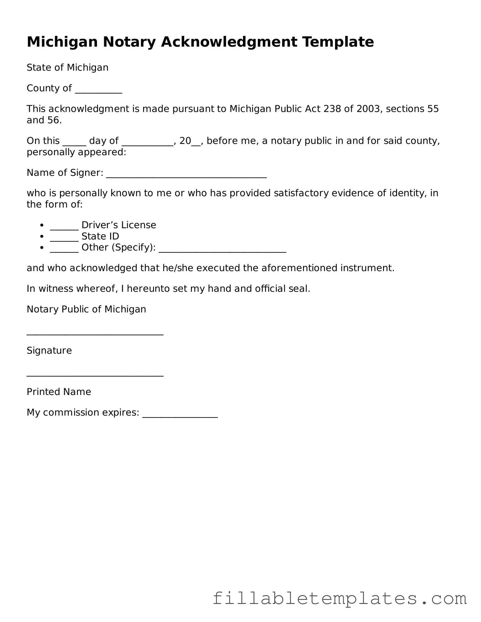 Printable Notary Acknowledgement Form for the State of Michigan