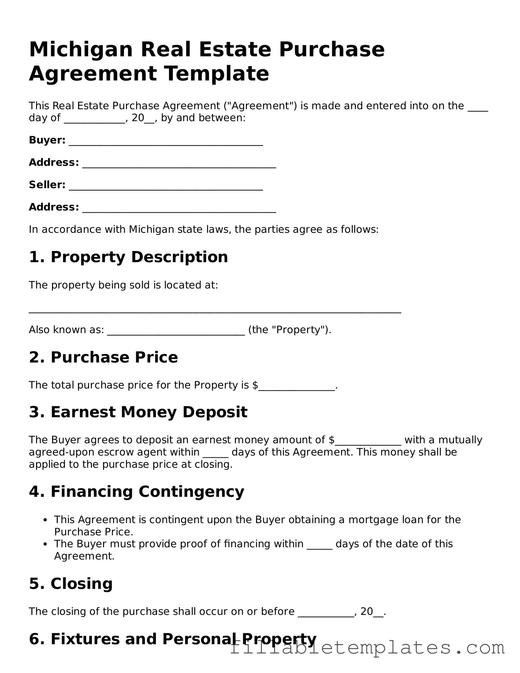 Printable Real Estate Purchase Agreement Form for the State of Michigan