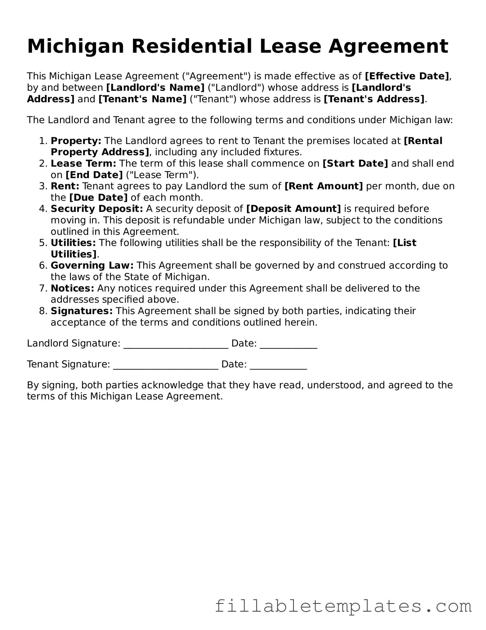 Printable Lease Agreement Form for the State of Michigan