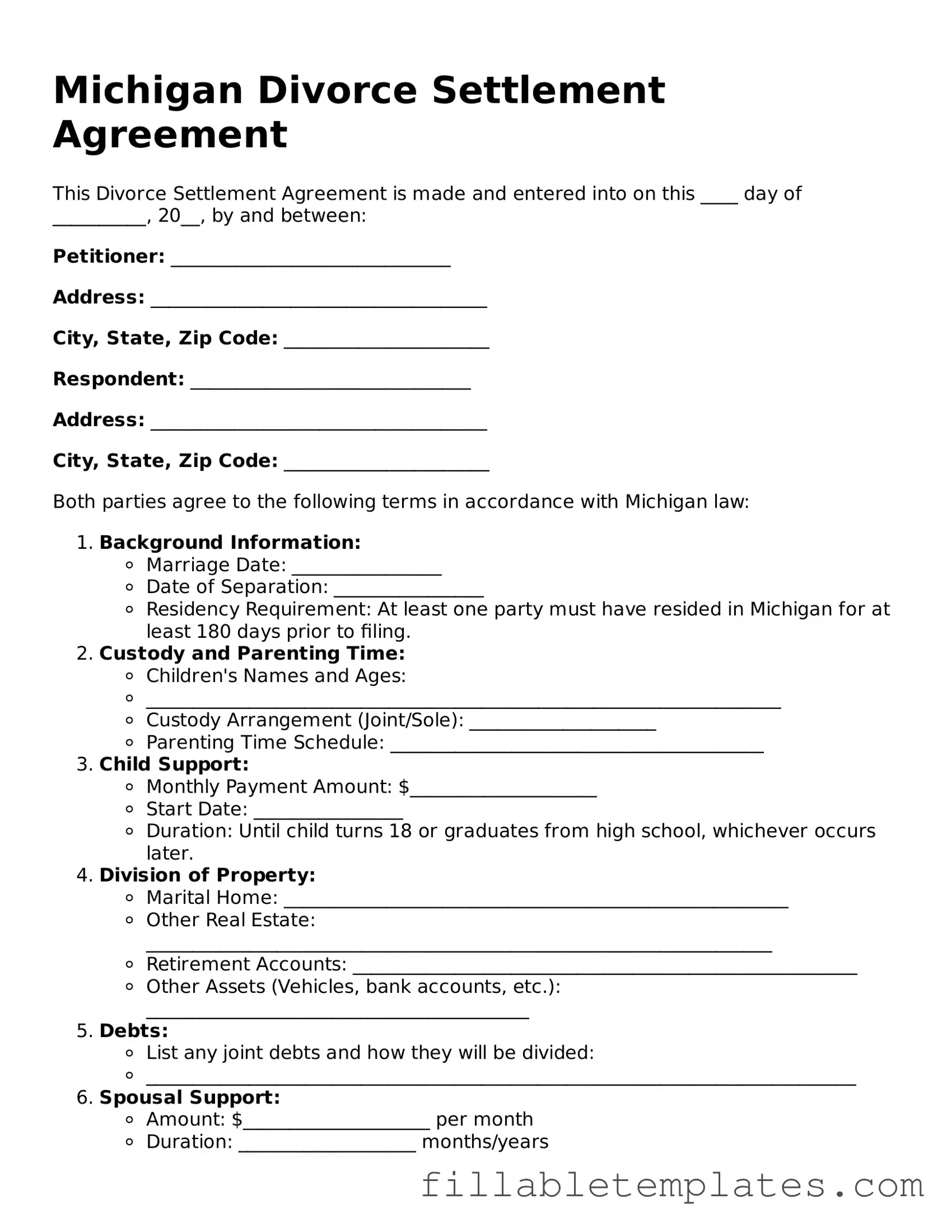 Printable Divorce Settlement Agreement Form for the State of Michigan