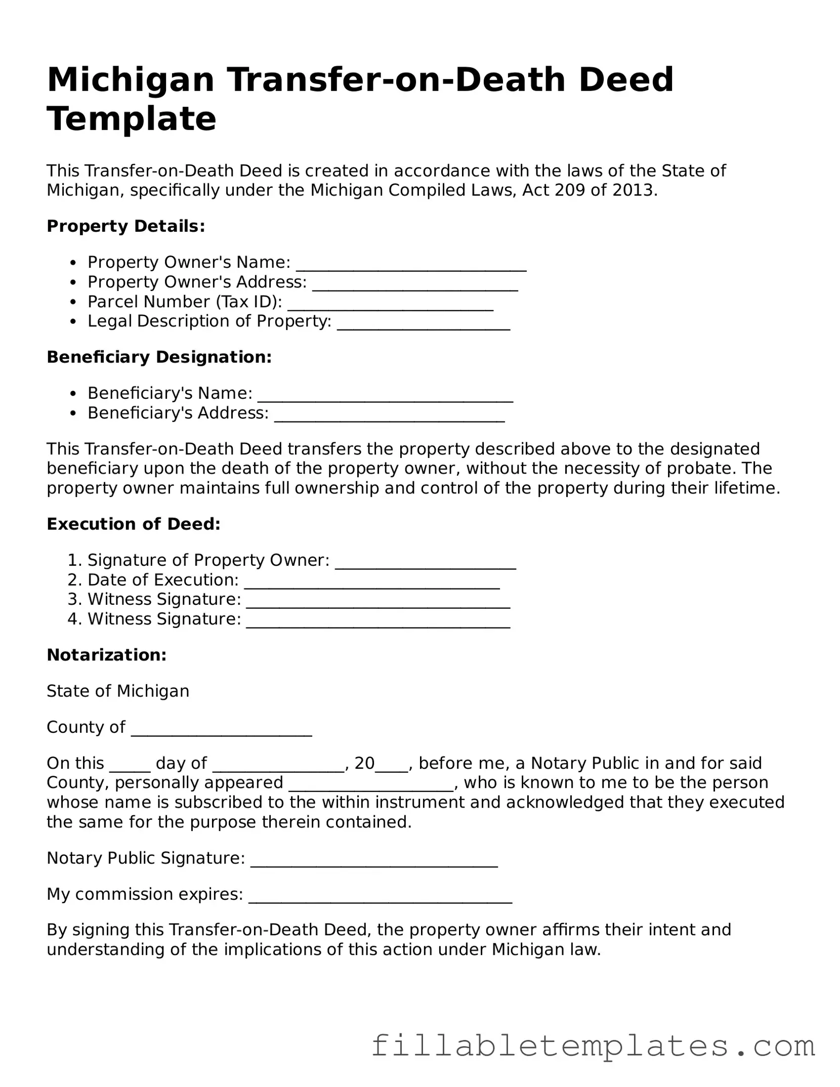 Printable Transfer-on-Death Deed Form for the State of Michigan