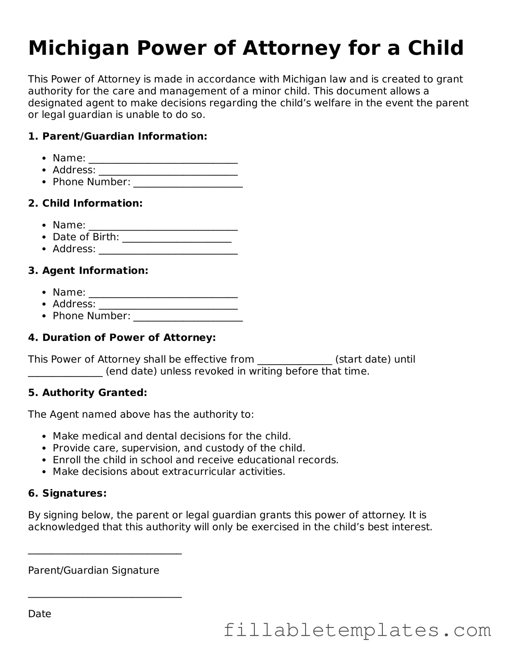 Printable Power of Attorney for a Child Form for the State of Michigan