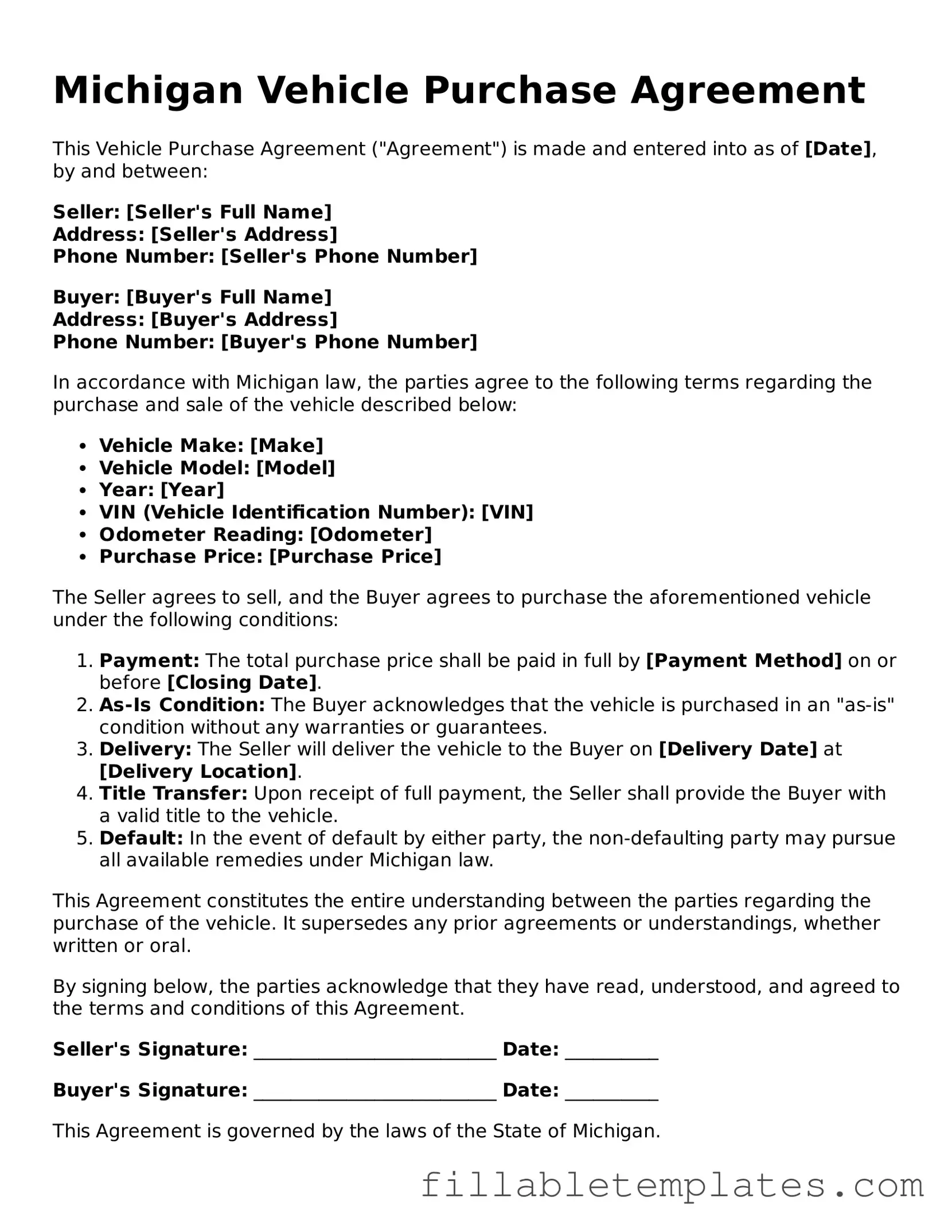 Printable Vehicle Purchase Agreement Form for the State of Michigan