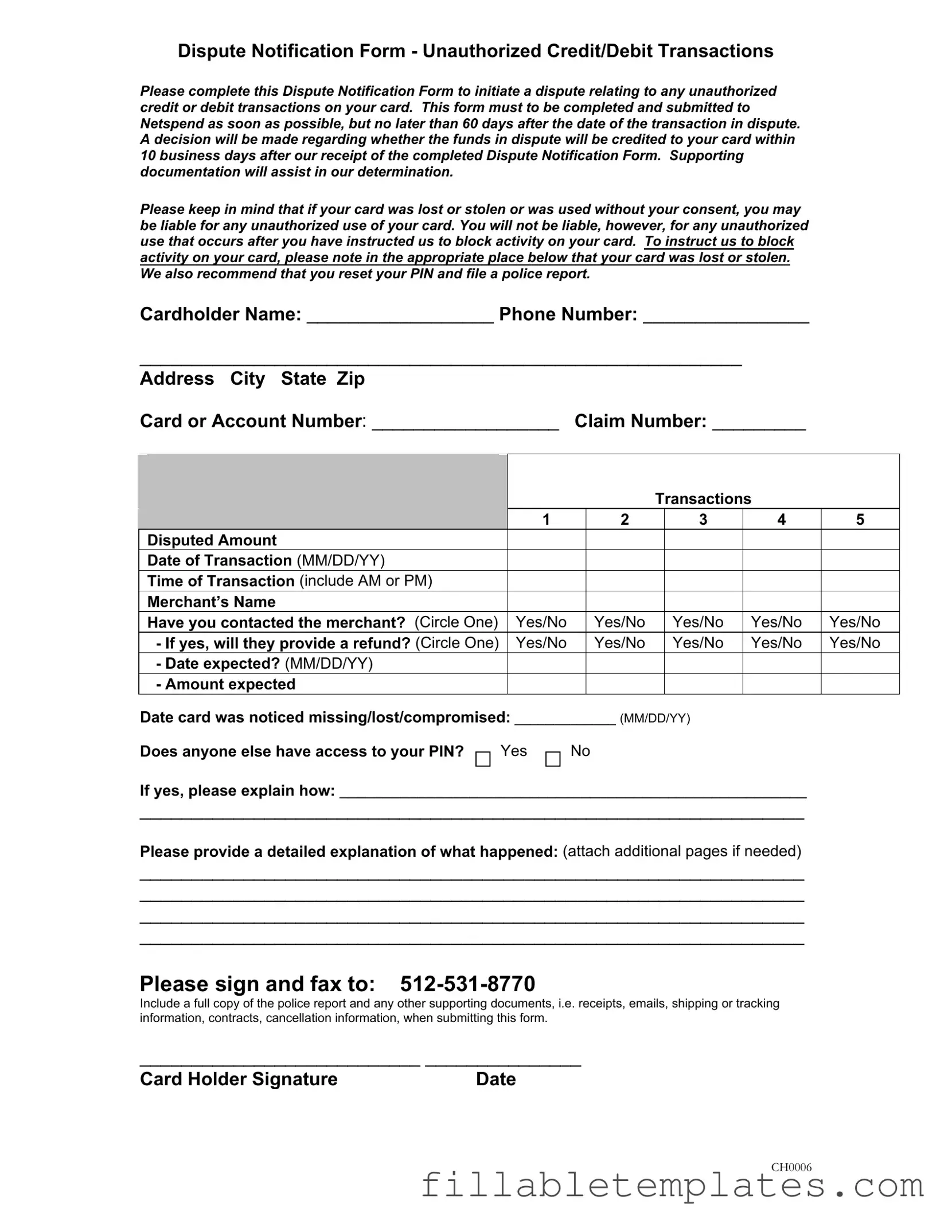 Official Netspend Dispute Template in PDF