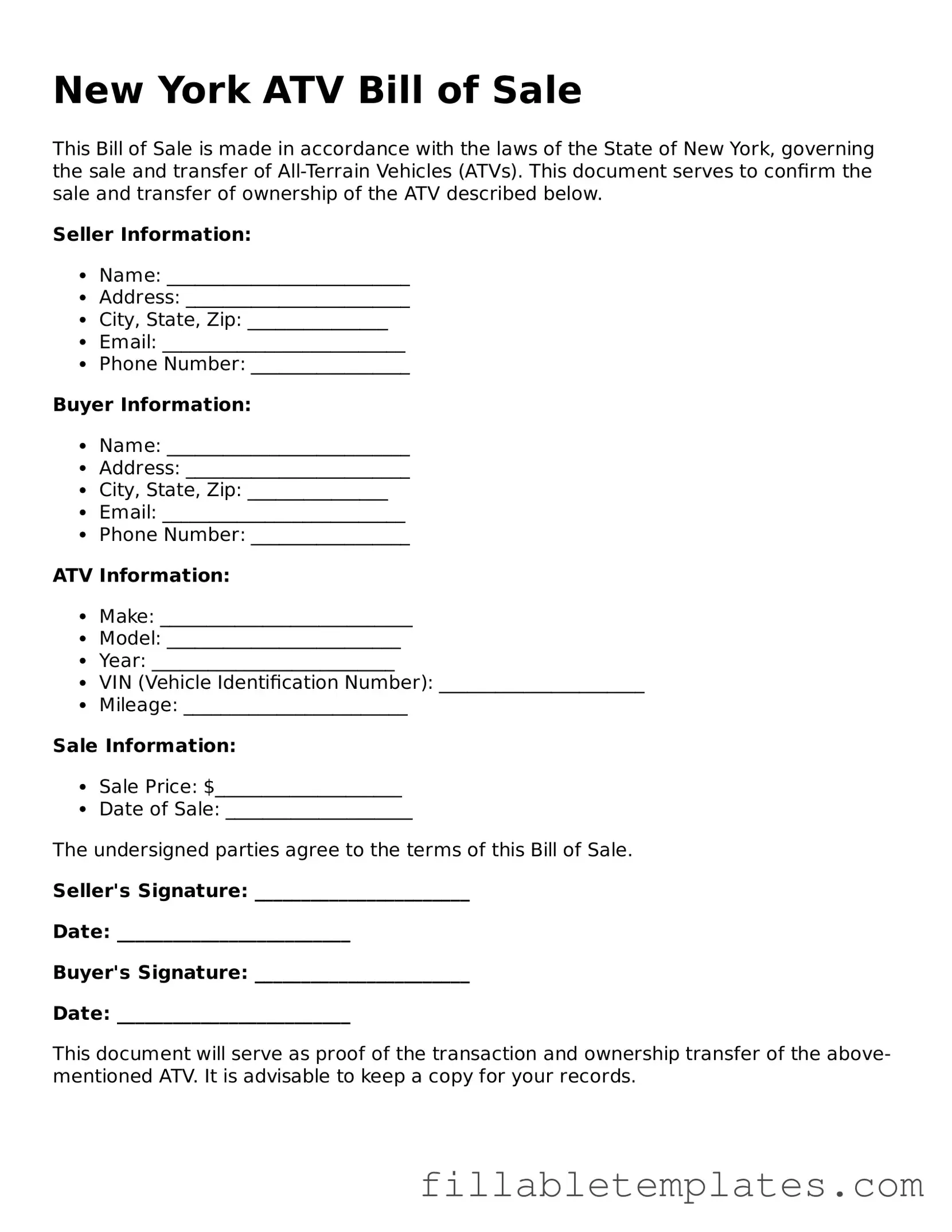 Printable ATV Bill of Sale Form for the State of New York