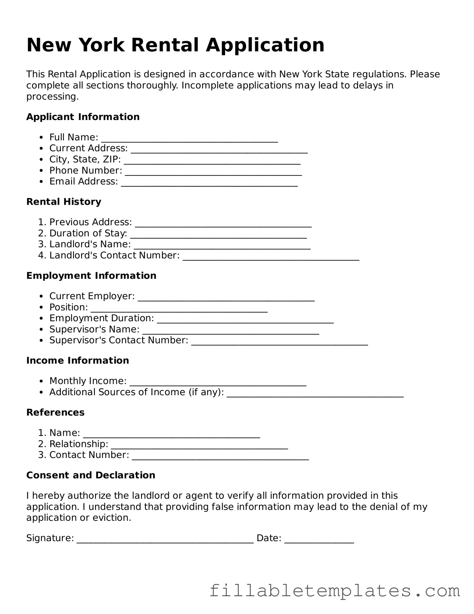 Printable Rental Application Form for the State of New York