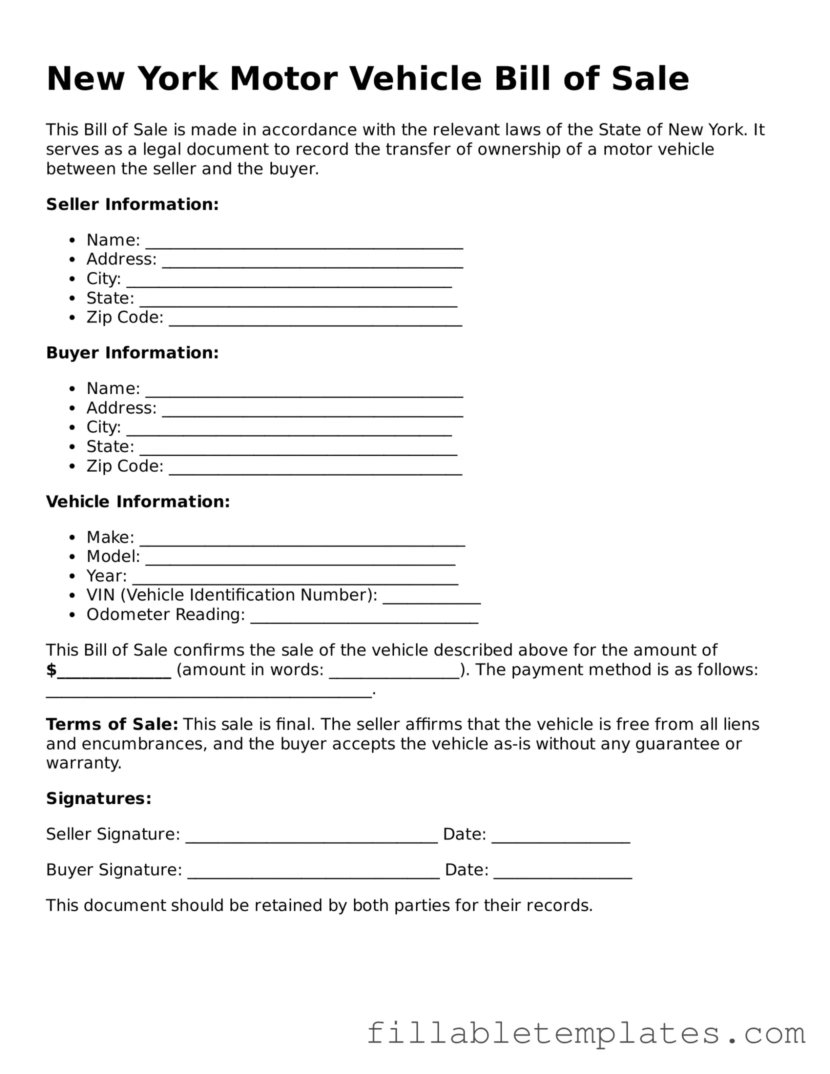 Printable Motor Vehicle Bill of Sale Form for the State of New York