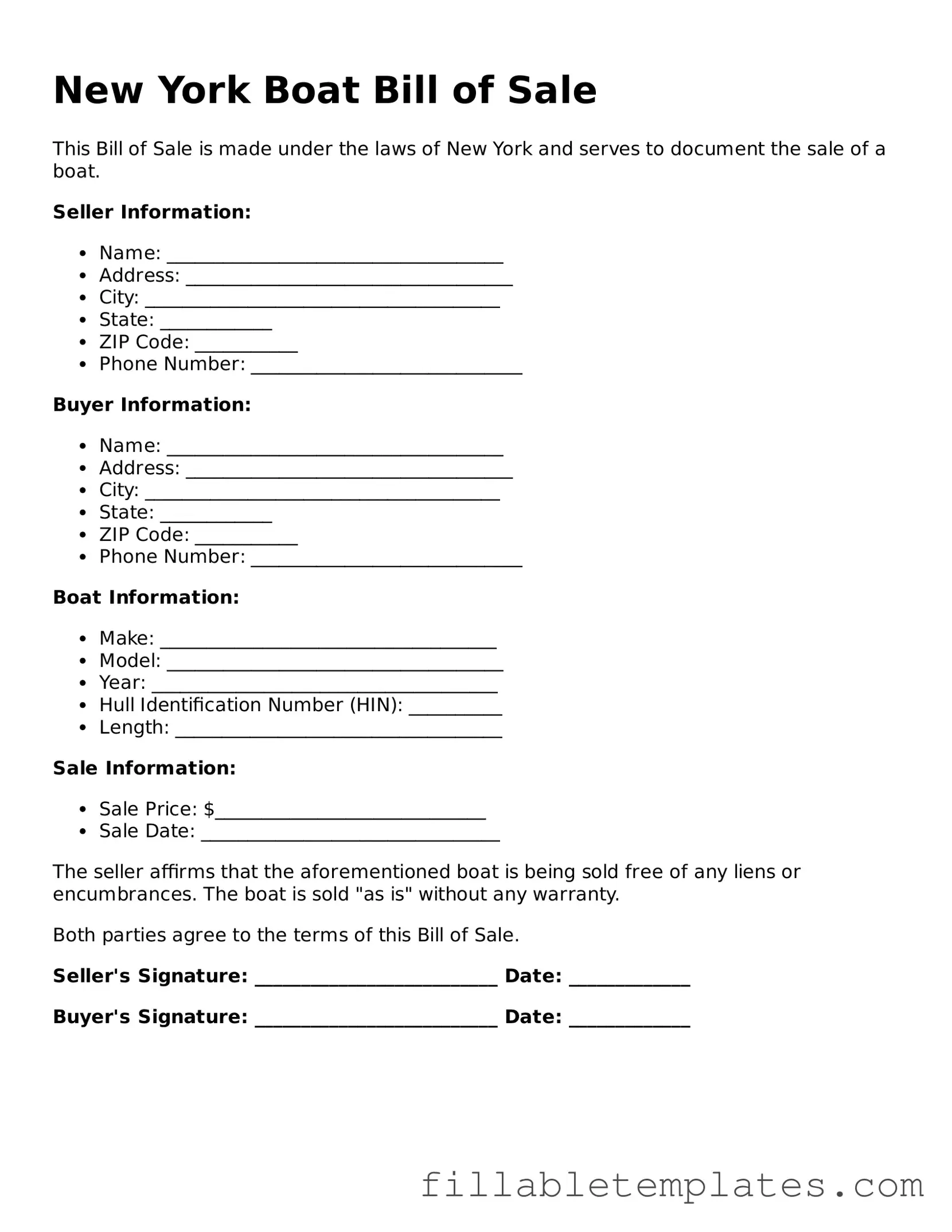 Printable Boat Bill of Sale Form for the State of New York