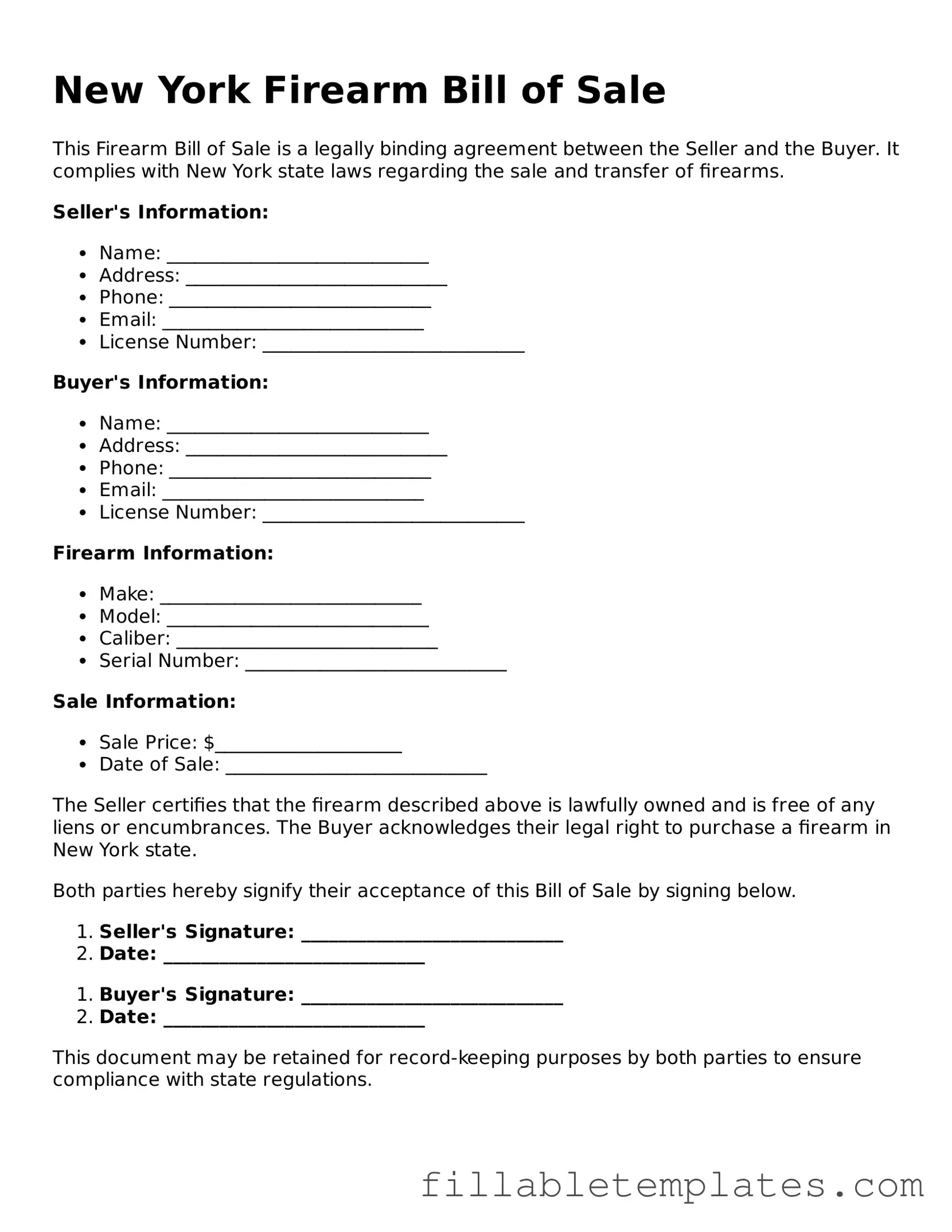Printable Firearm Bill of Sale Form for the State of New York