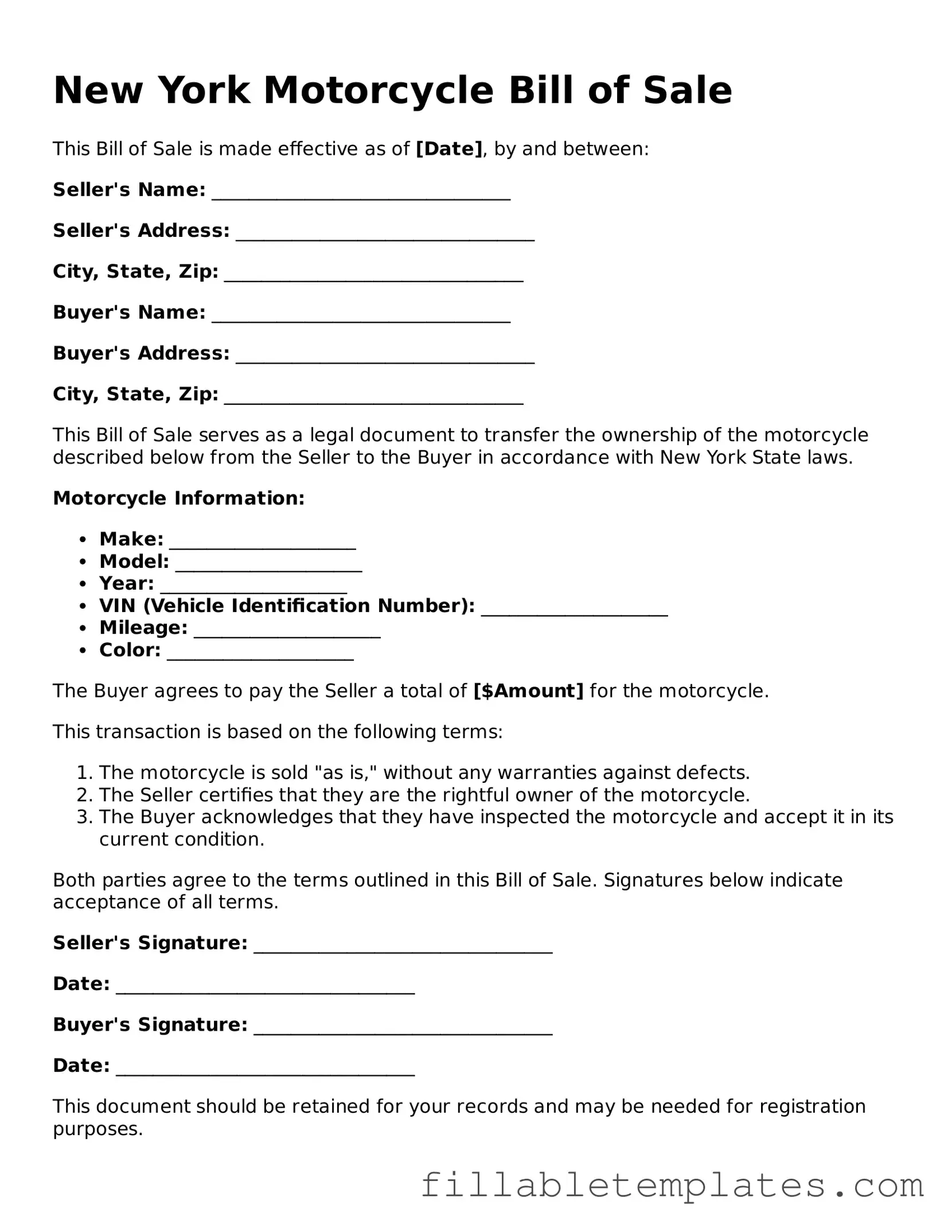 Printable Motorcycle Bill of Sale Form for the State of New York