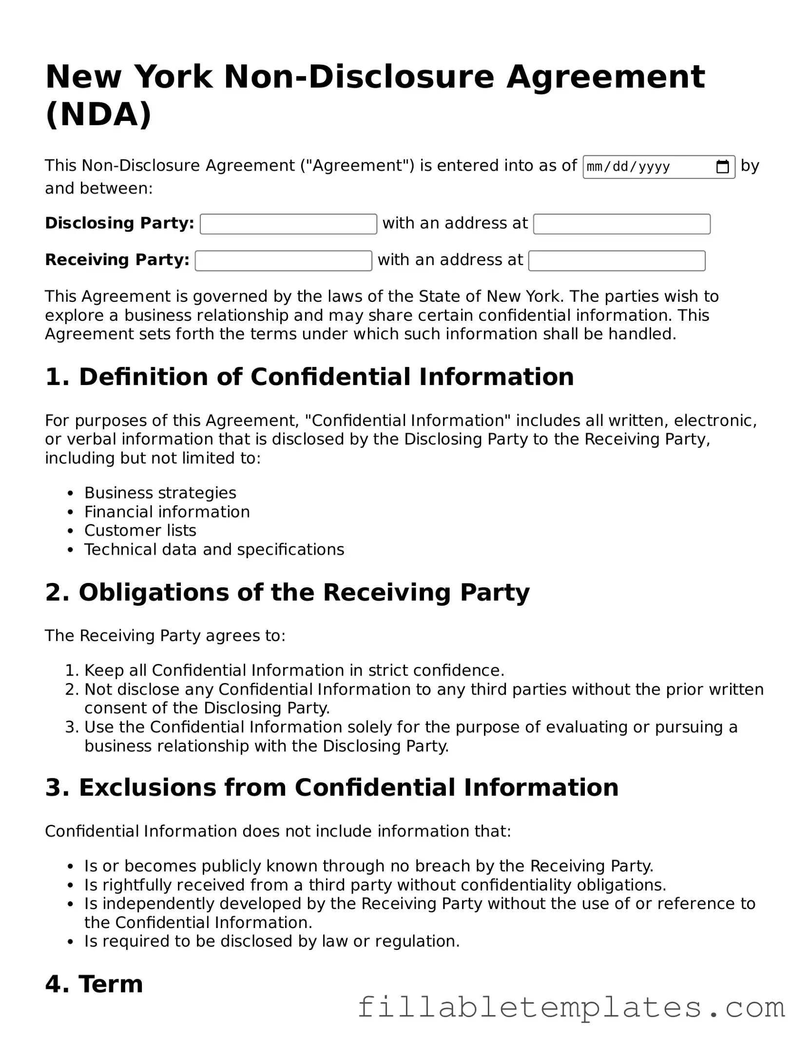 Printable Non-disclosure Agreement Form for the State of New York
