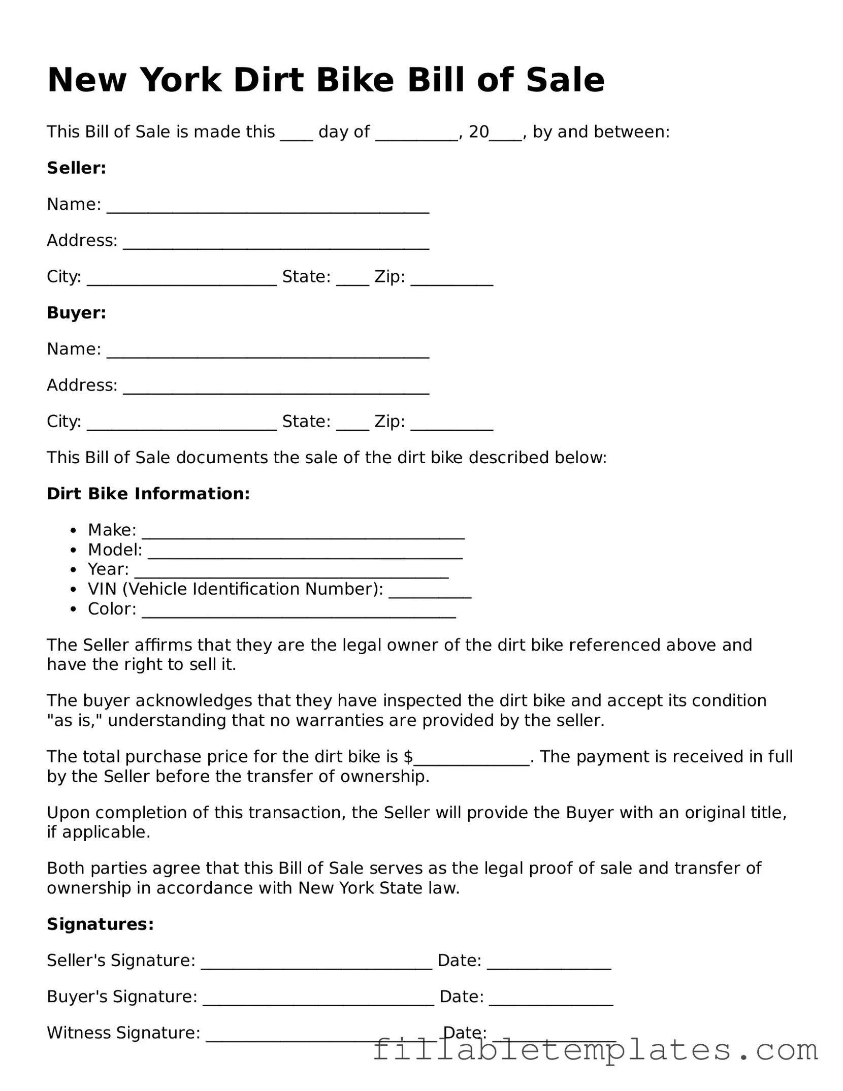 Printable Dirt Bike Bill of Sale Form for the State of New York