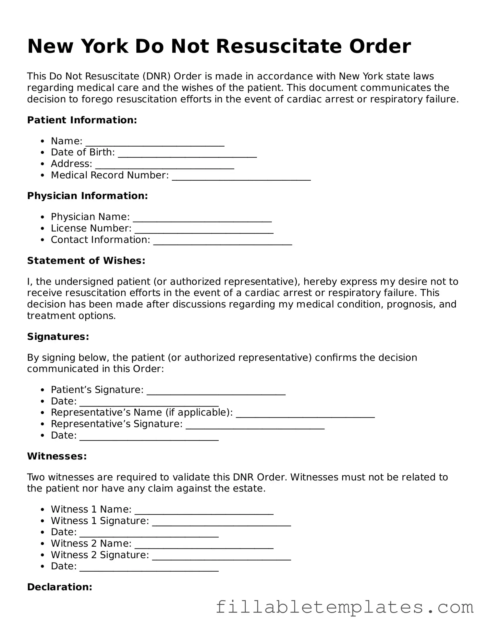 Printable Do Not Resuscitate Order Form for the State of New York