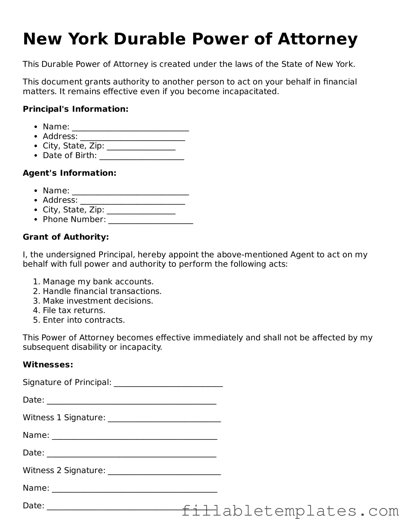 Printable Durable Power of Attorney Form for the State of New York
