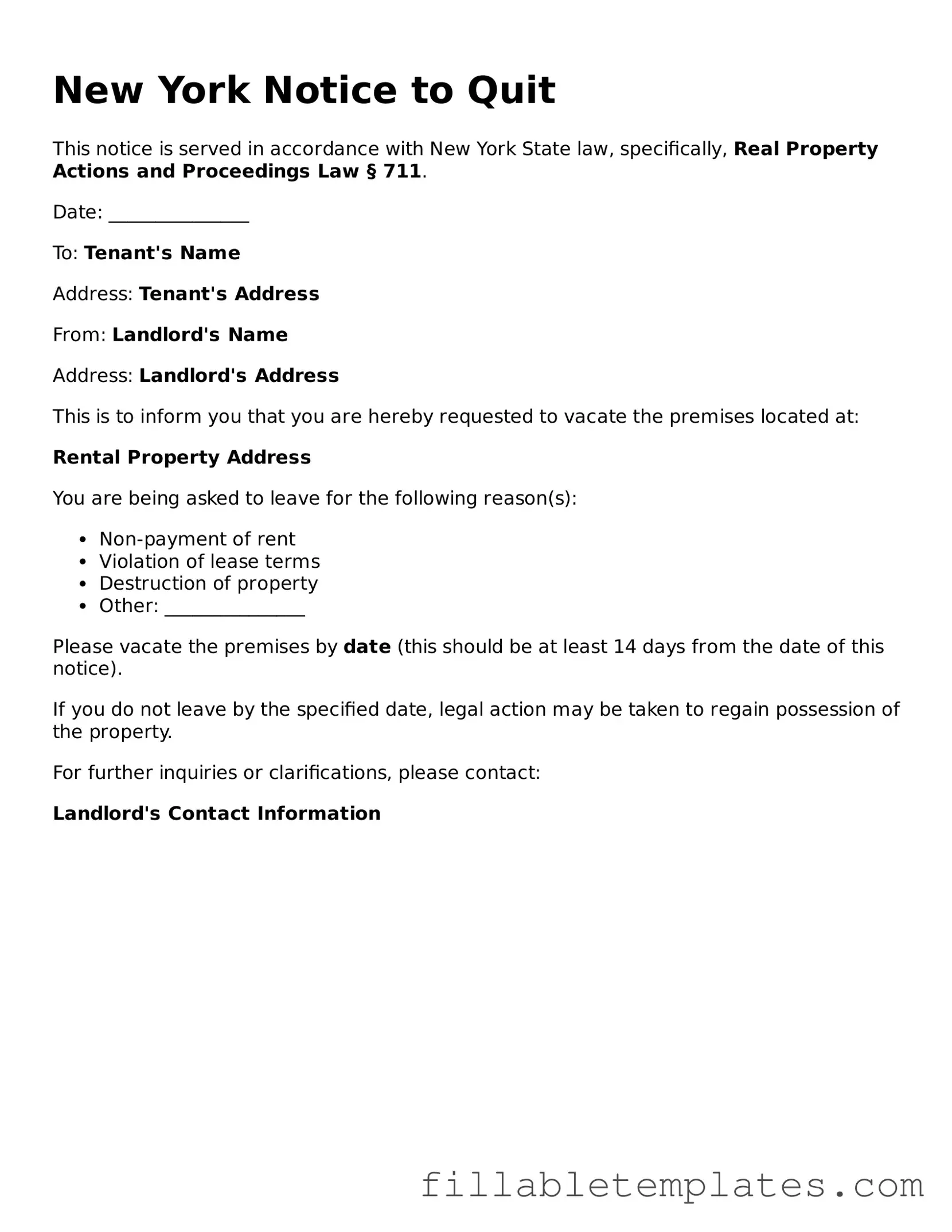 Printable Notice to Quit Form for the State of New York