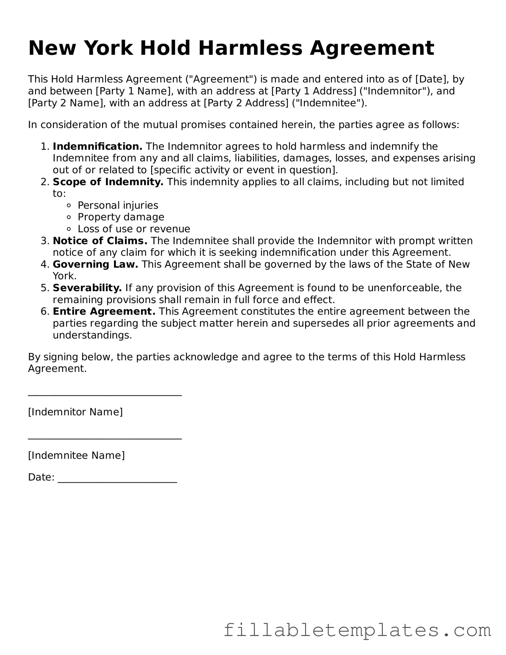 Printable Hold Harmless Agreement Form for the State of New York