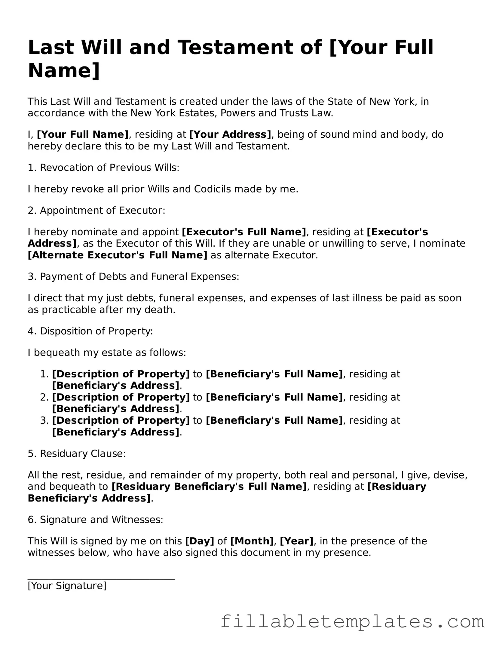 Printable Last Will and Testament Form for the State of New York