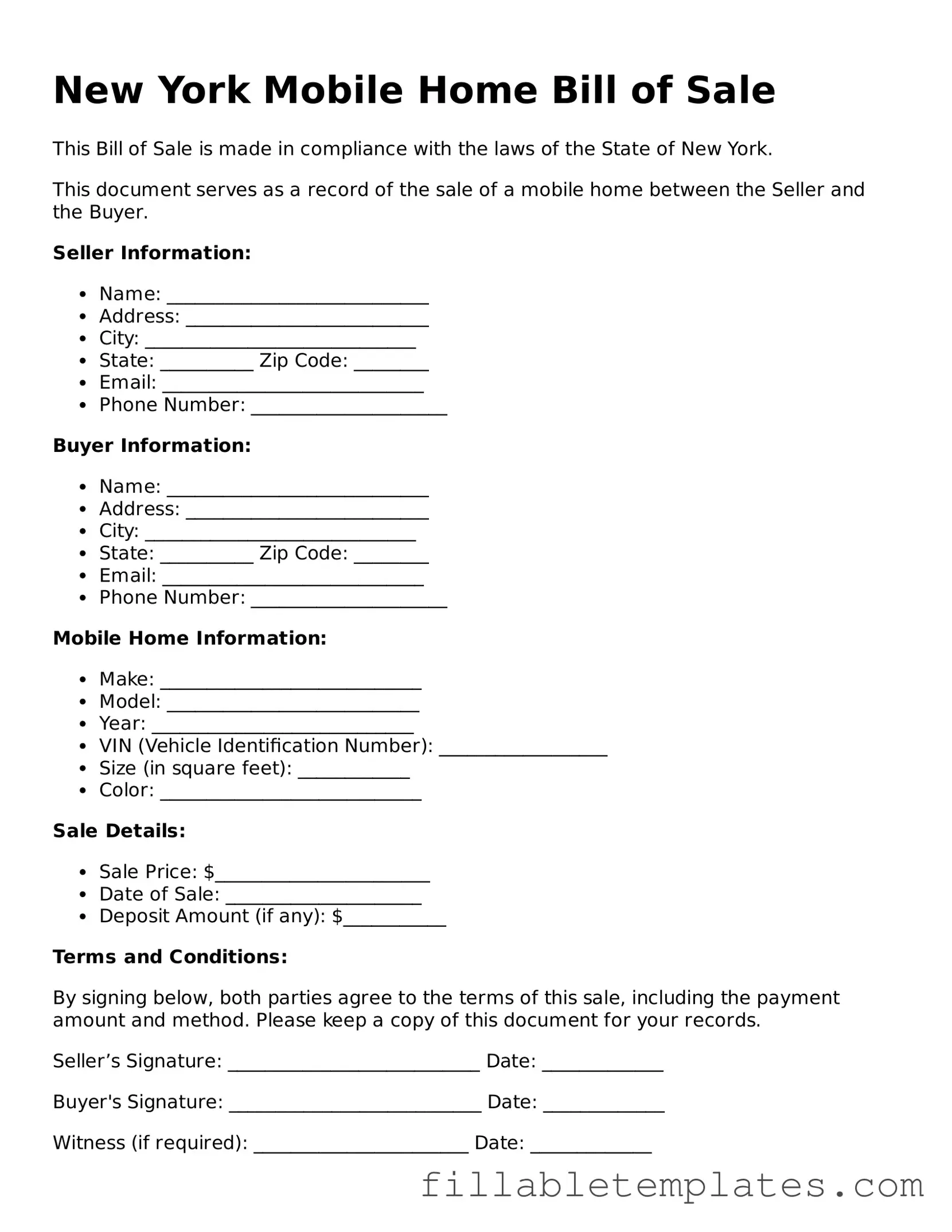 Printable Mobile Home Bill of Sale Form for the State of New York