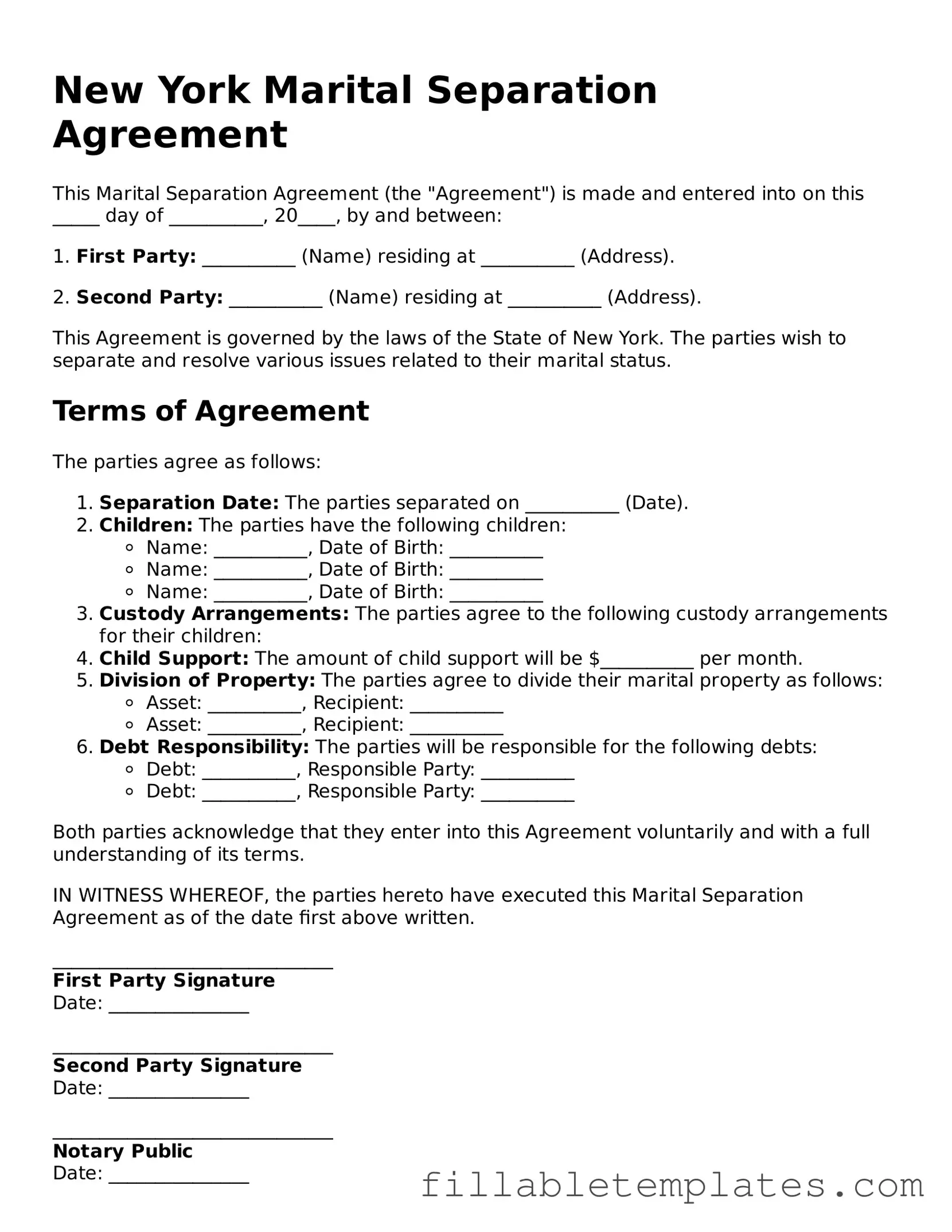 Printable Marital Separation Agreement Form for the State of New York