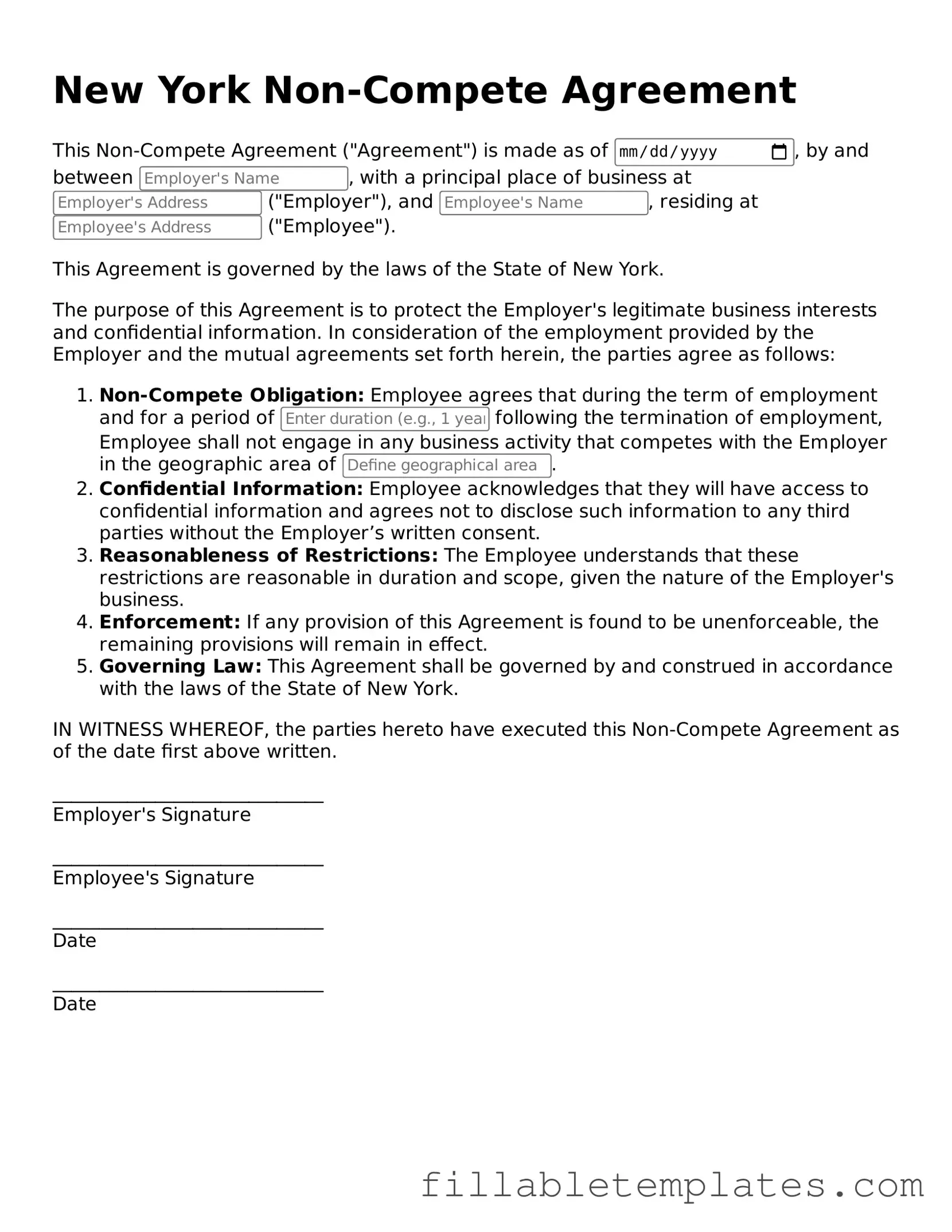 Printable Non-compete Agreement Form for the State of New York