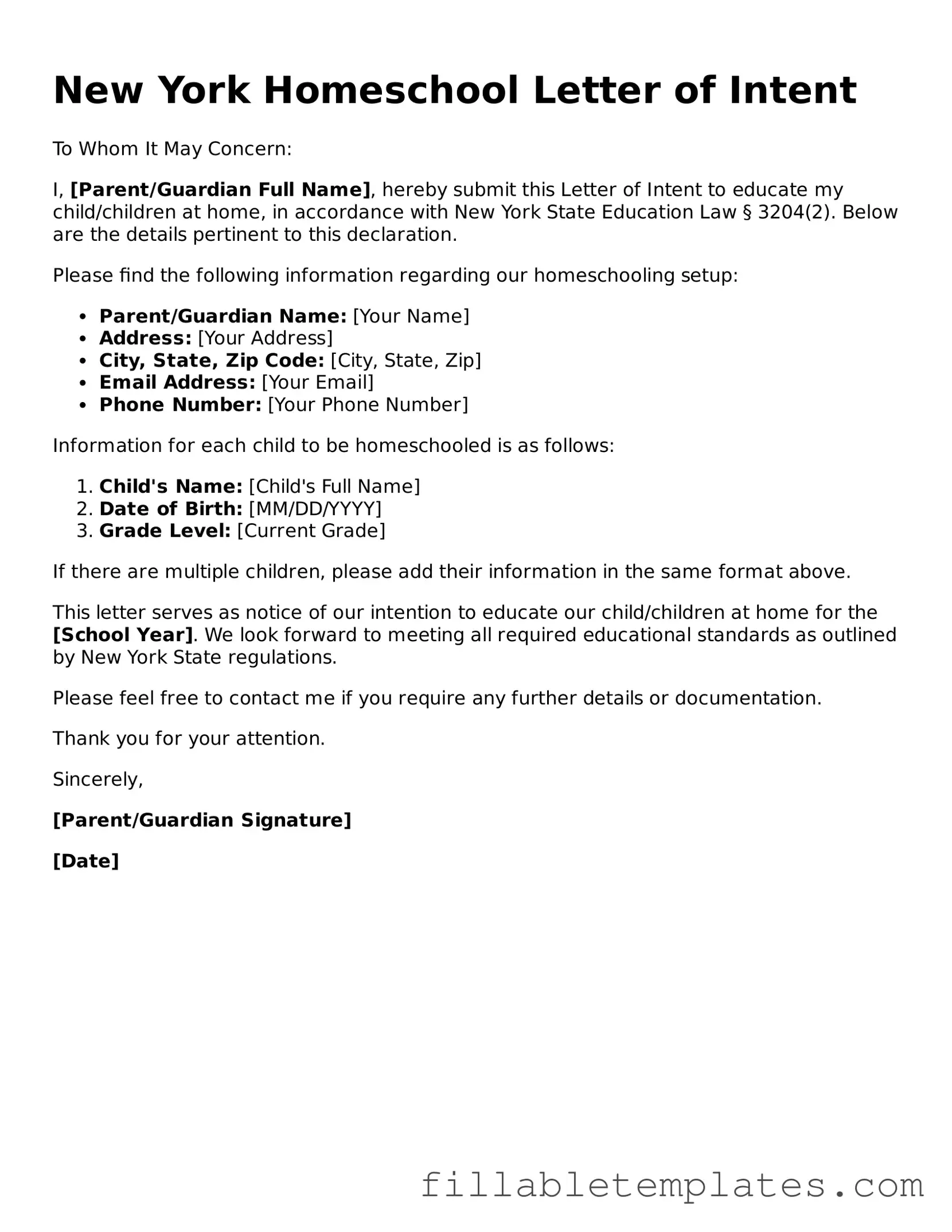 Printable Homeschool Letter of Intent Form for the State of New York