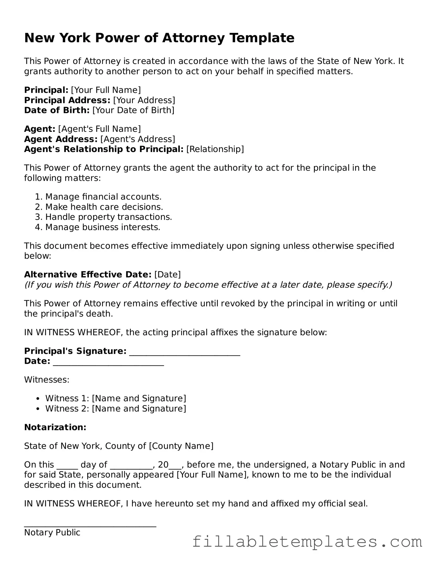 Printable Power of Attorney Form for the State of New York